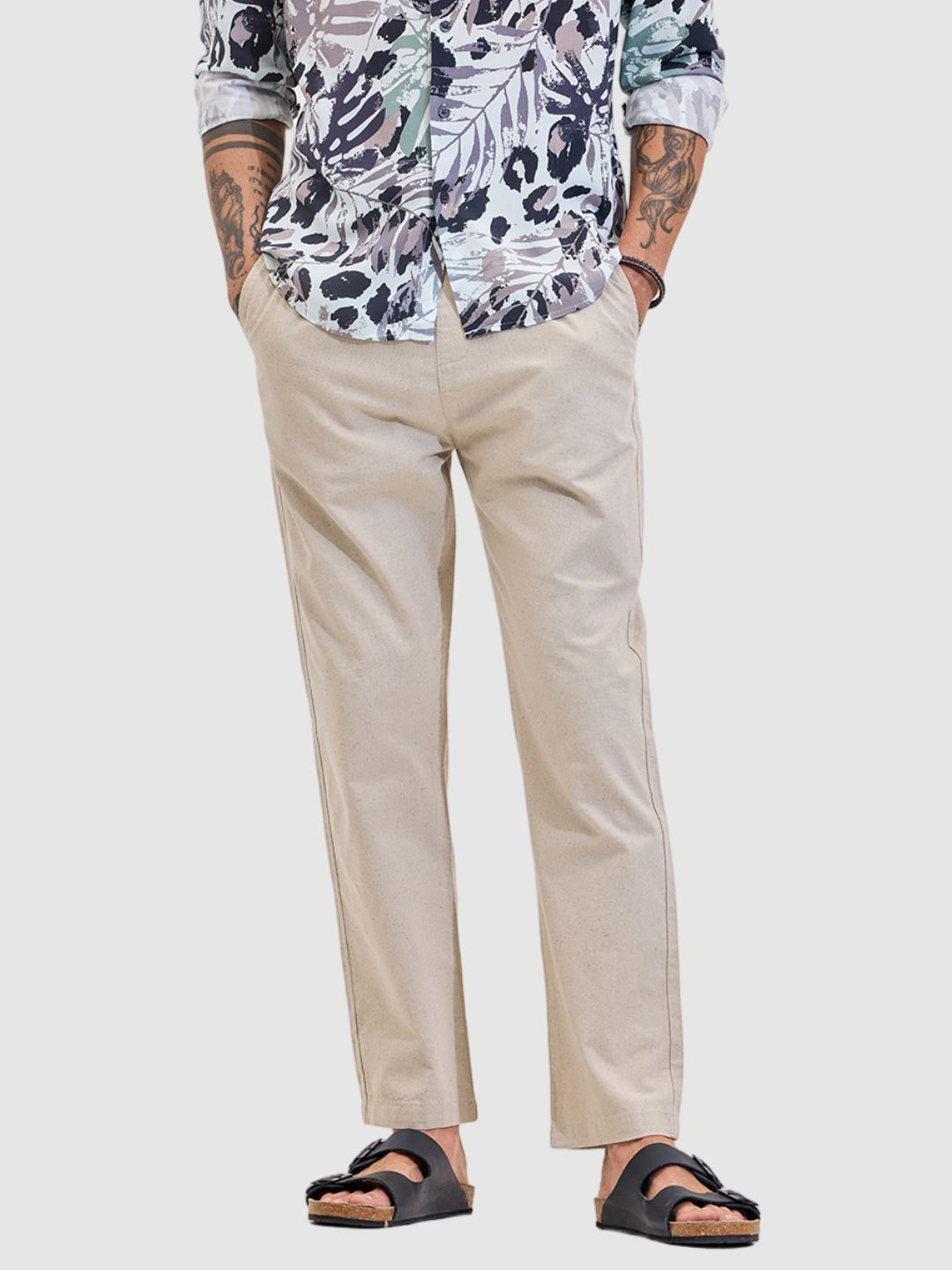 Snitch Men Beige Plain Linen Regular Fit Trousers