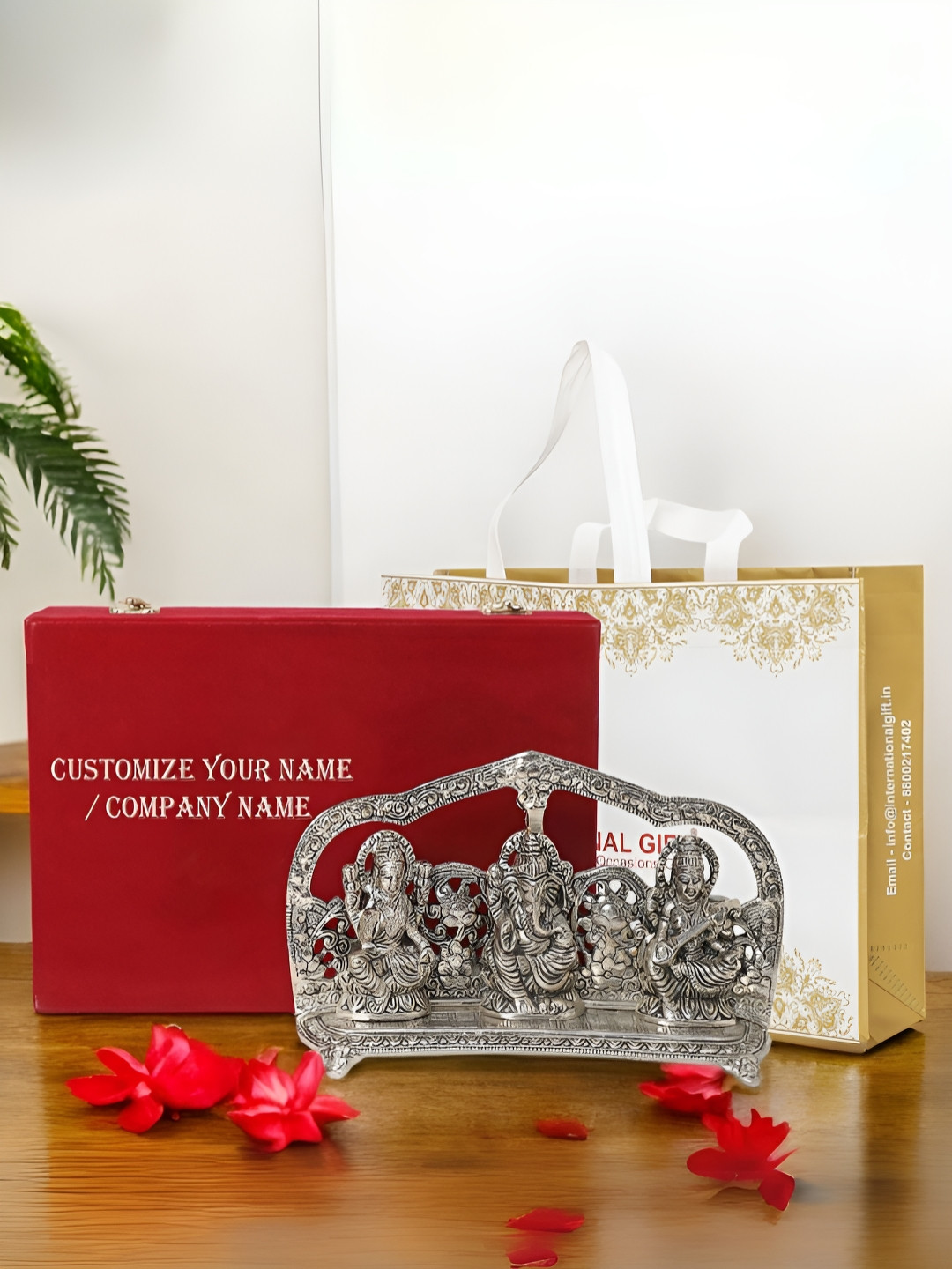 INTERNATIONAL GIFT Laxmi Ganesh Saraswati Silver Metal Mirrored Prayer Room Lights Medium Showpiece - 6 Inches