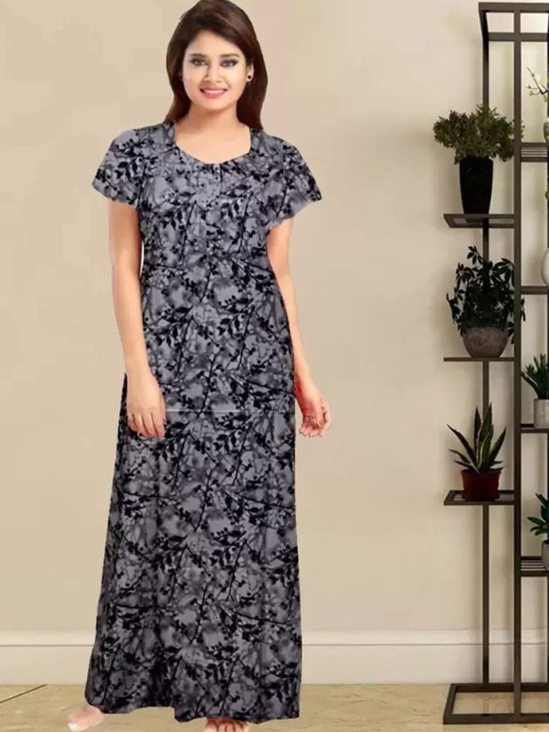 PR PINK ROYAL Printed Maxi Nightdress GREY ANGURI L