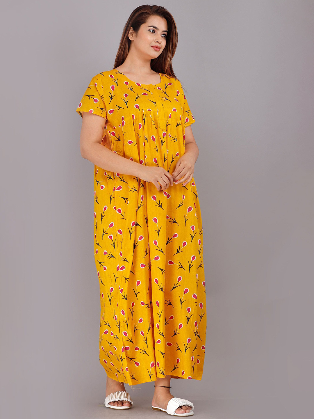 PR PINK ROYAL Women Printed Pure CottonMaxi Nightdress