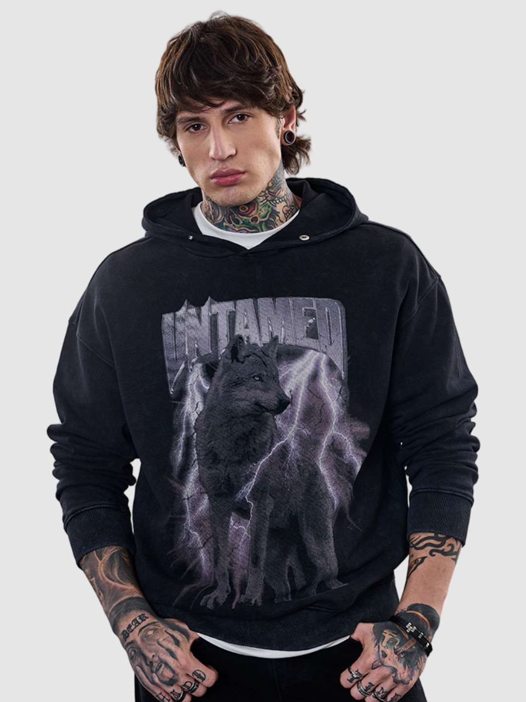 Snitch Men Revolution Acid Washed Oversized Snitch Black Graphic Print Hoodies