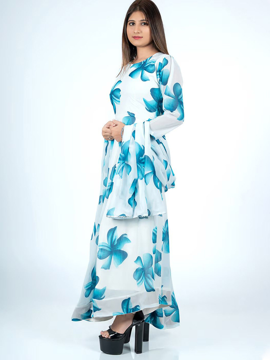 Femvy Floral Printed Long Sleeves Fit and Flare Maxi Dress With Dupatta