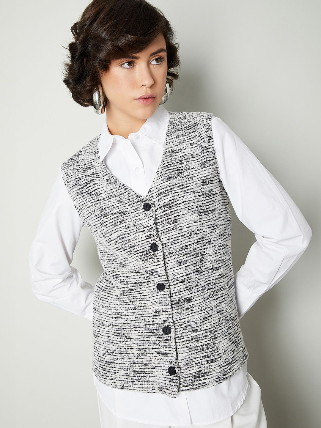 max Striped Textured V-Neck Tweed Waistcoat