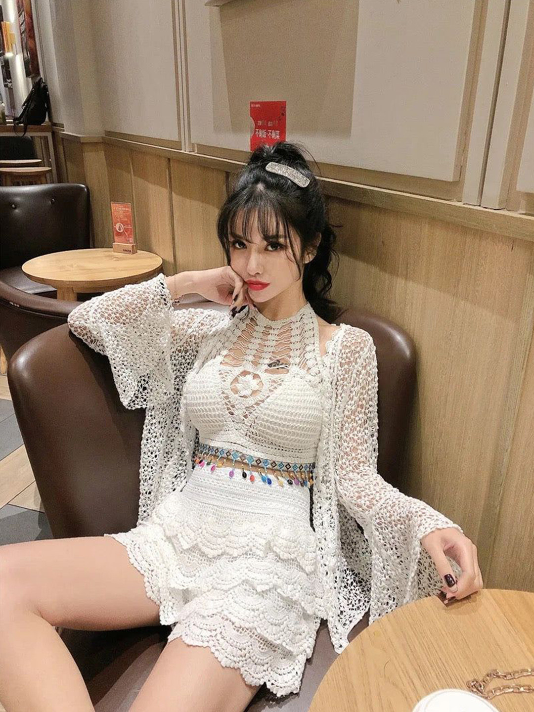 Miss Mosa By Akanksha  White Self Design Halter Neck Top With Shorts