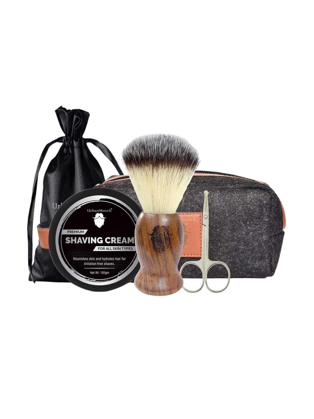 UrbanMooch Set Of 4 Shaving Cream -100 g, Wooden Shaving Brush, Scissor & Toiletry Bag