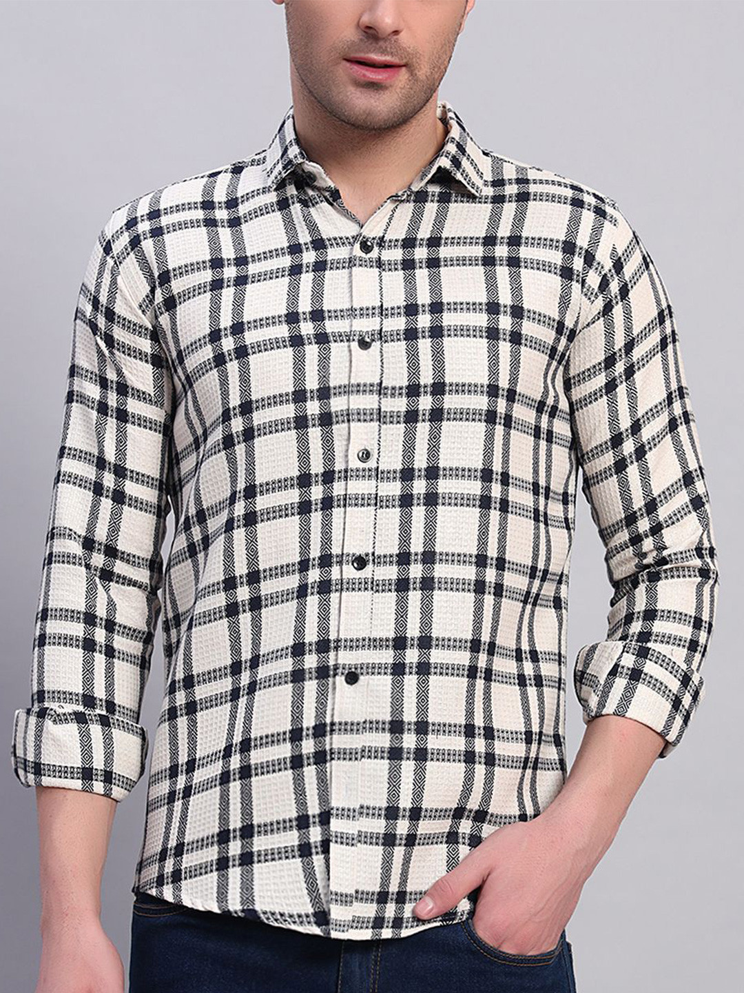 YOUTH FIRST Men Premium Fit Wrinkle Free Spread Collar Tartan Checked Casual Shirt