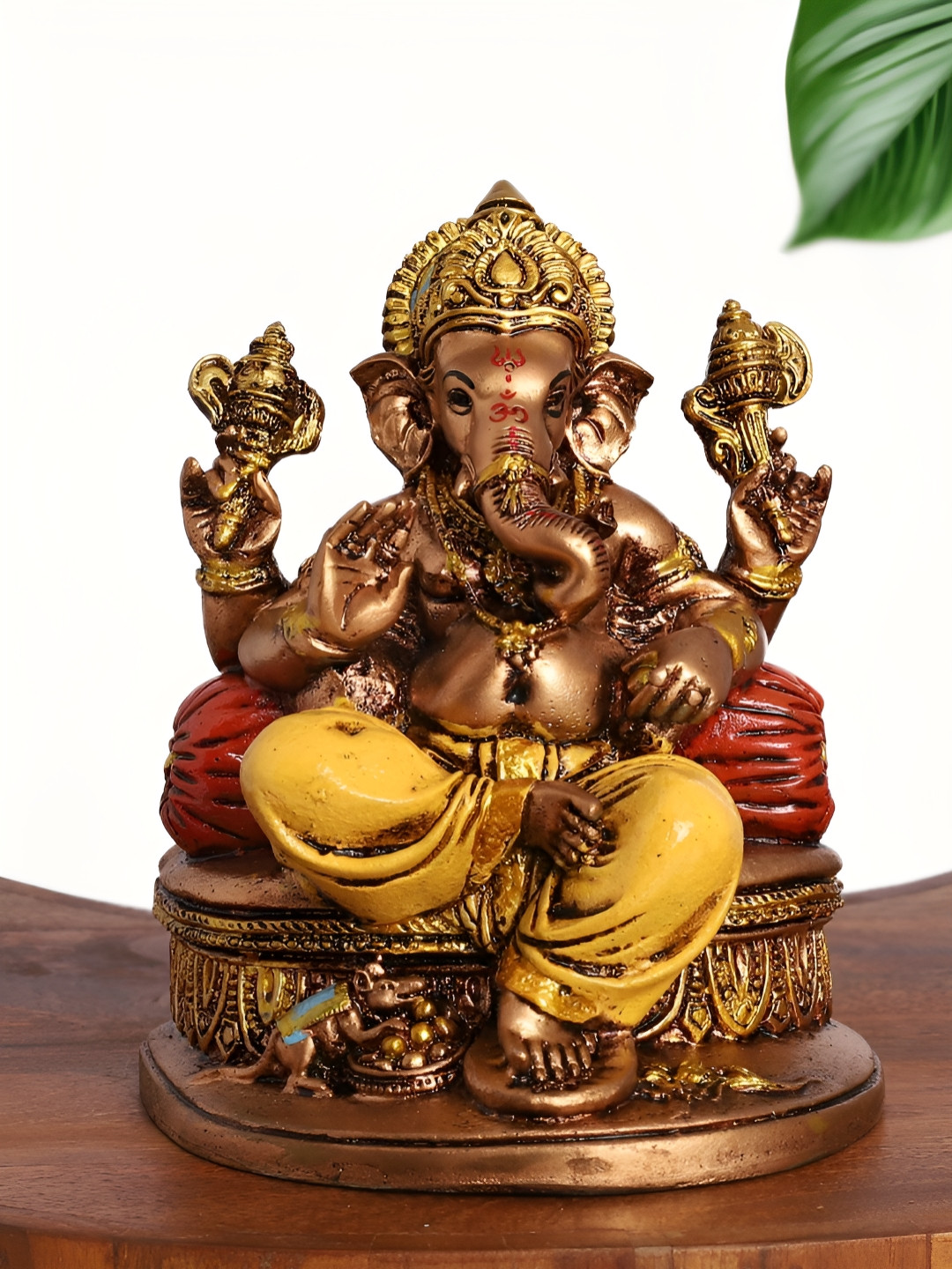 INTERNATIONAL GIFT Lord Ganesha Sitting On Throne with Conch Red Polyresin Natural Prayer Room Small Showpiece - 4 Inches