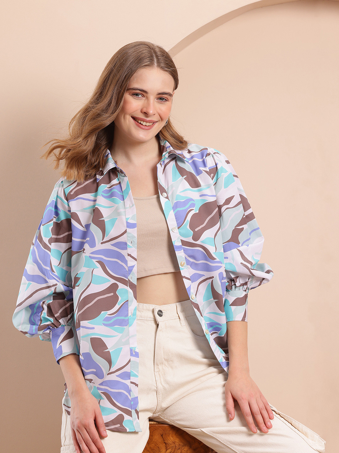 Mast & Harbour Leaves Print Puff Sleeves Opaque Casual Shirt