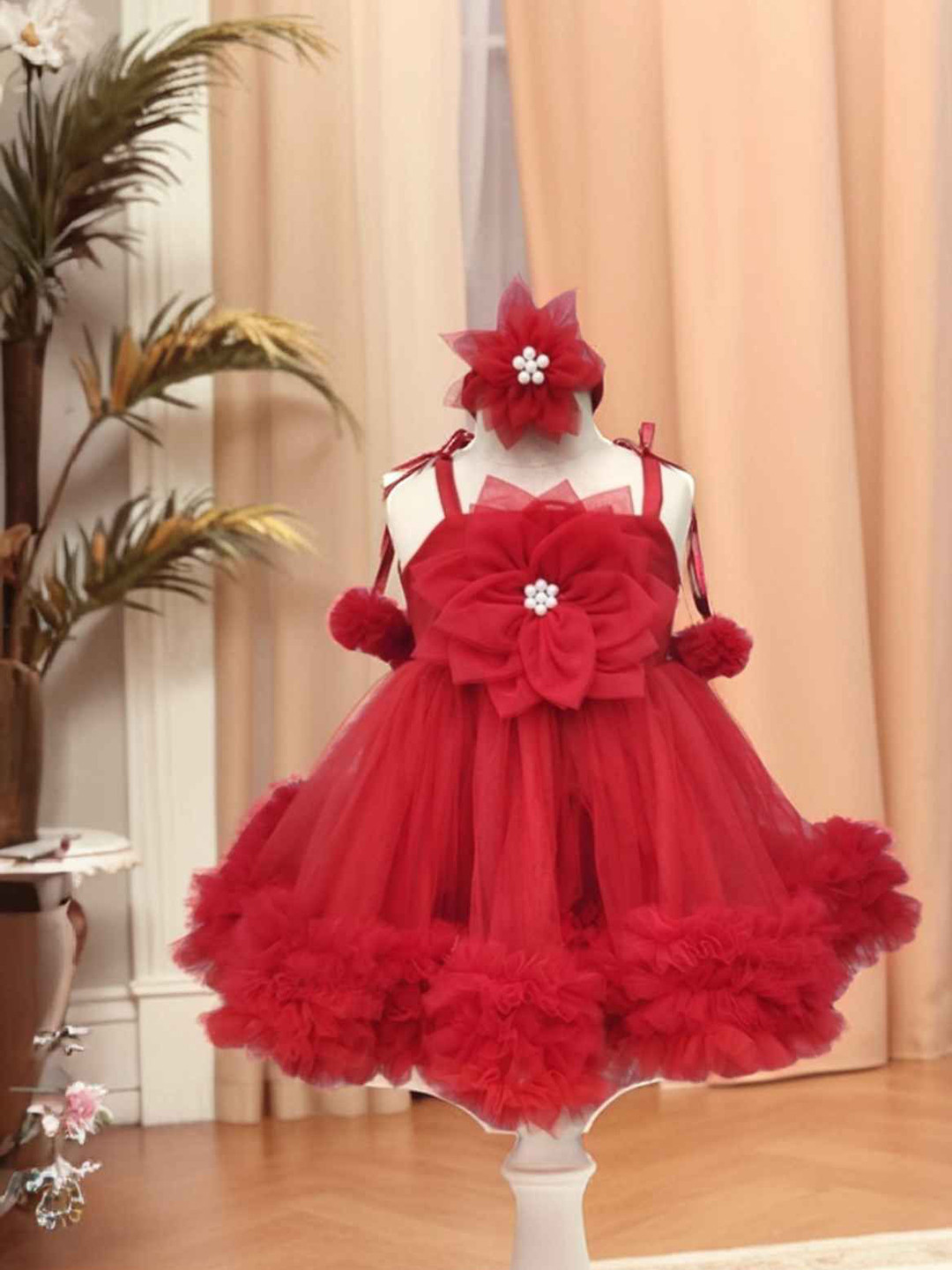 Lagorii Girls Sleeveless And Floral Embellished With Pearls Work Frock - Red