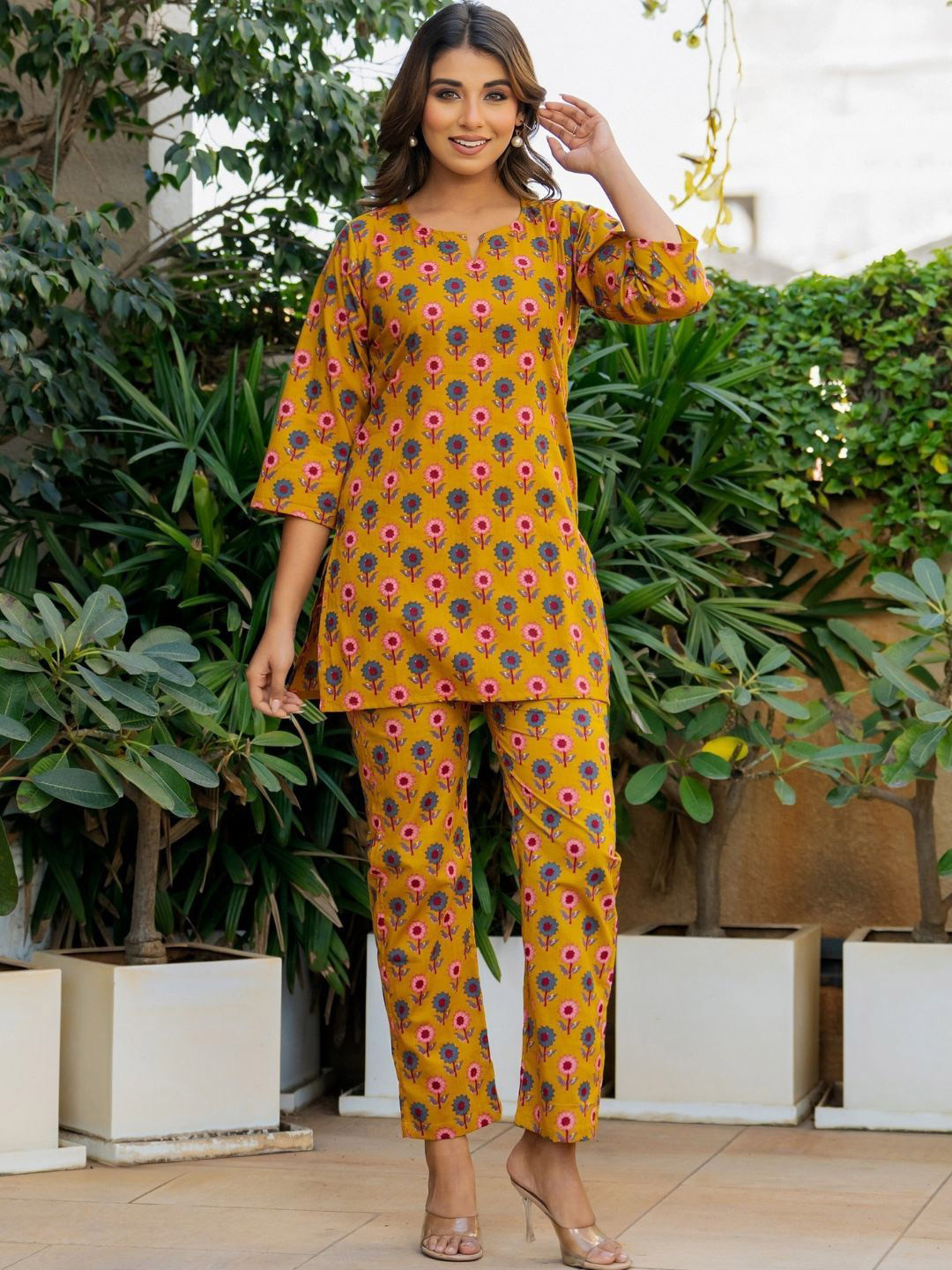 HOUSE OF JAMOTI Yellow Base Daisy Pop Rozana Printed Top & Trouser Set
