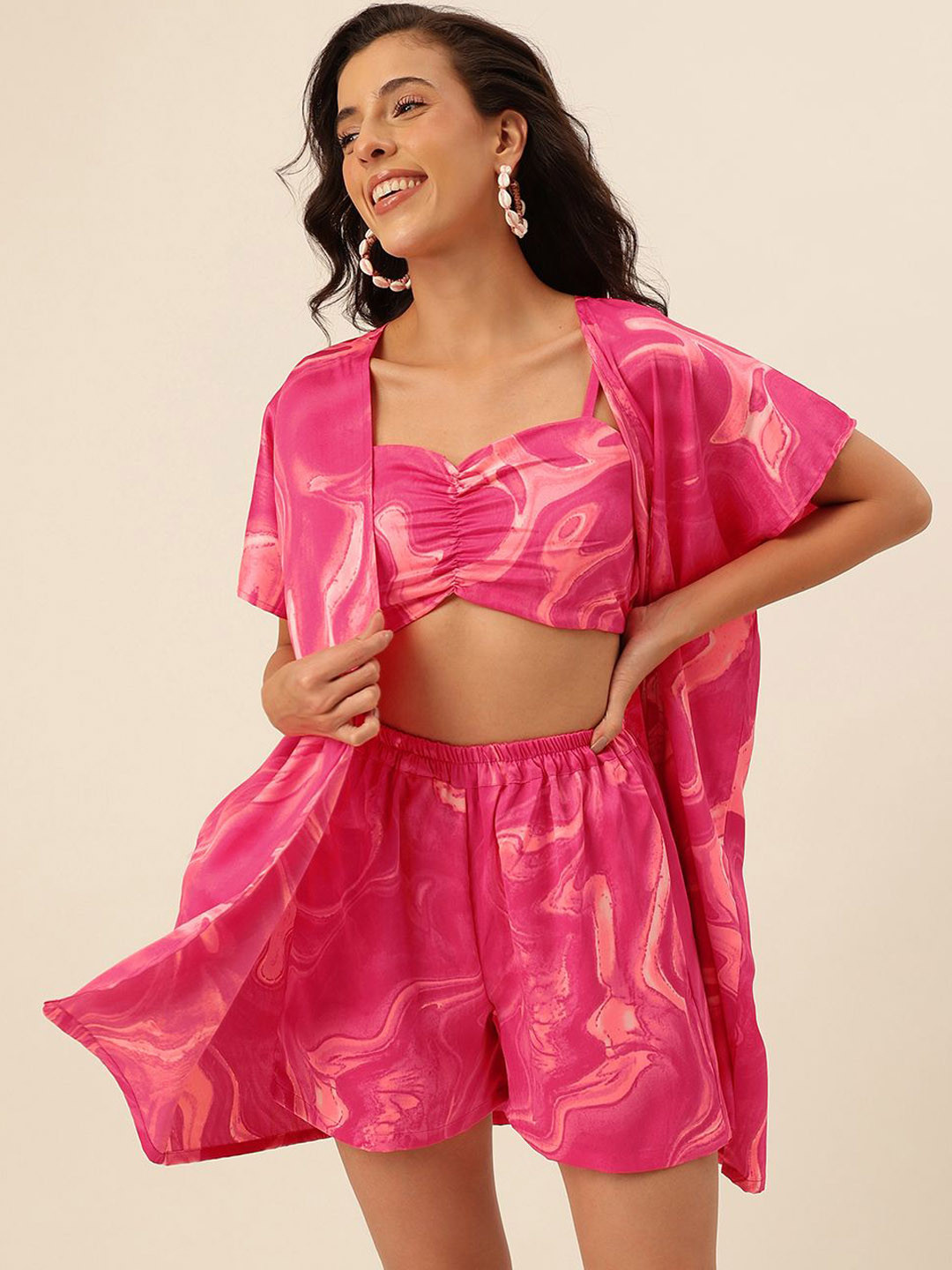 CUKOO Abstract Printed Shoulder Straps Crop Top And Shorts With Robe