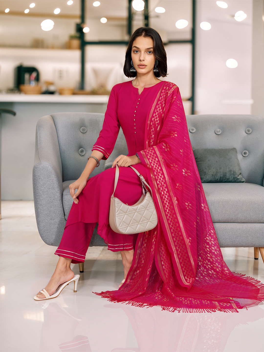 Anouk Button-Detail Straight Kurta with Trousers & Dupatta