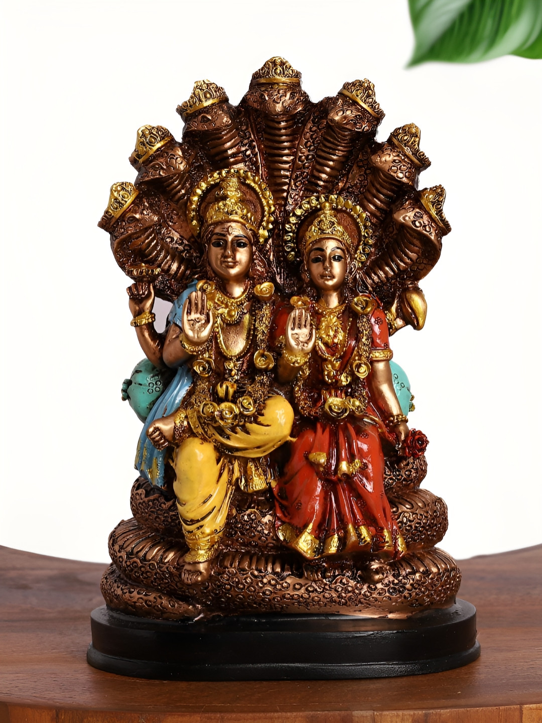 INTERNATIONAL GIFT Lord Vishnu and Goddess Lakshmi on Sheshnag Gold Polyresin Natural Prayer Room Small Showpiece - 5 Inches