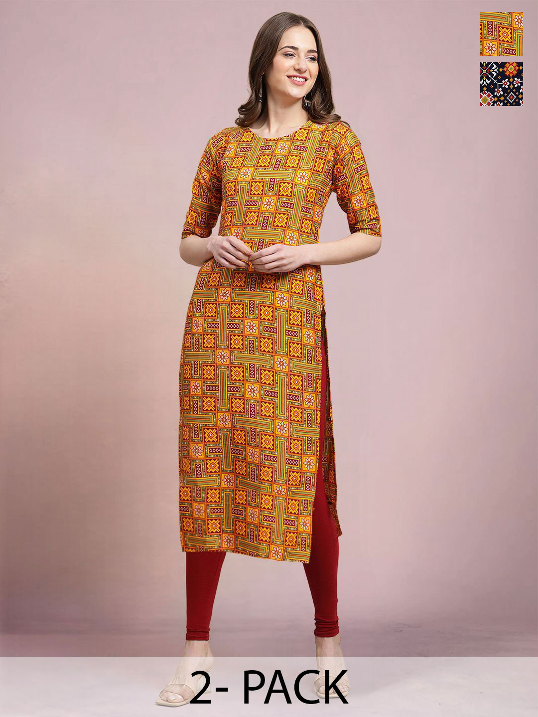 Moda Rapido Set of 2 Ethnic Printed Round Neck Straight Kurtas