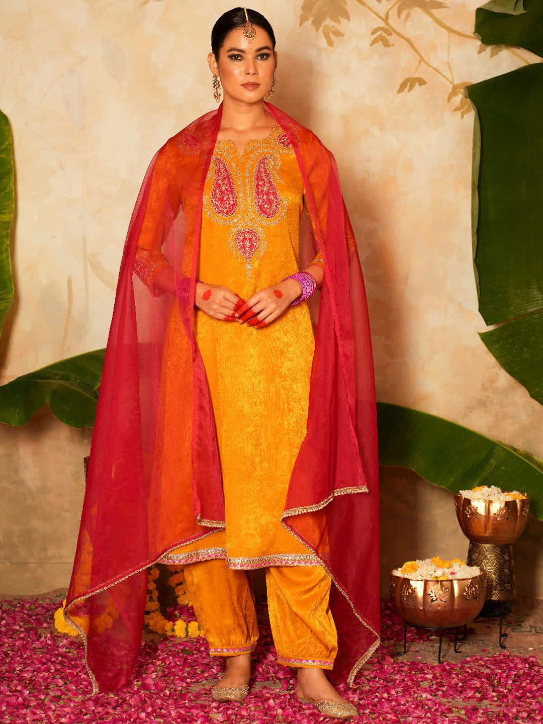Sangria Mustard Paisley Embroidered Zari Velvet Straight Kurta With Trousers & Dupatta