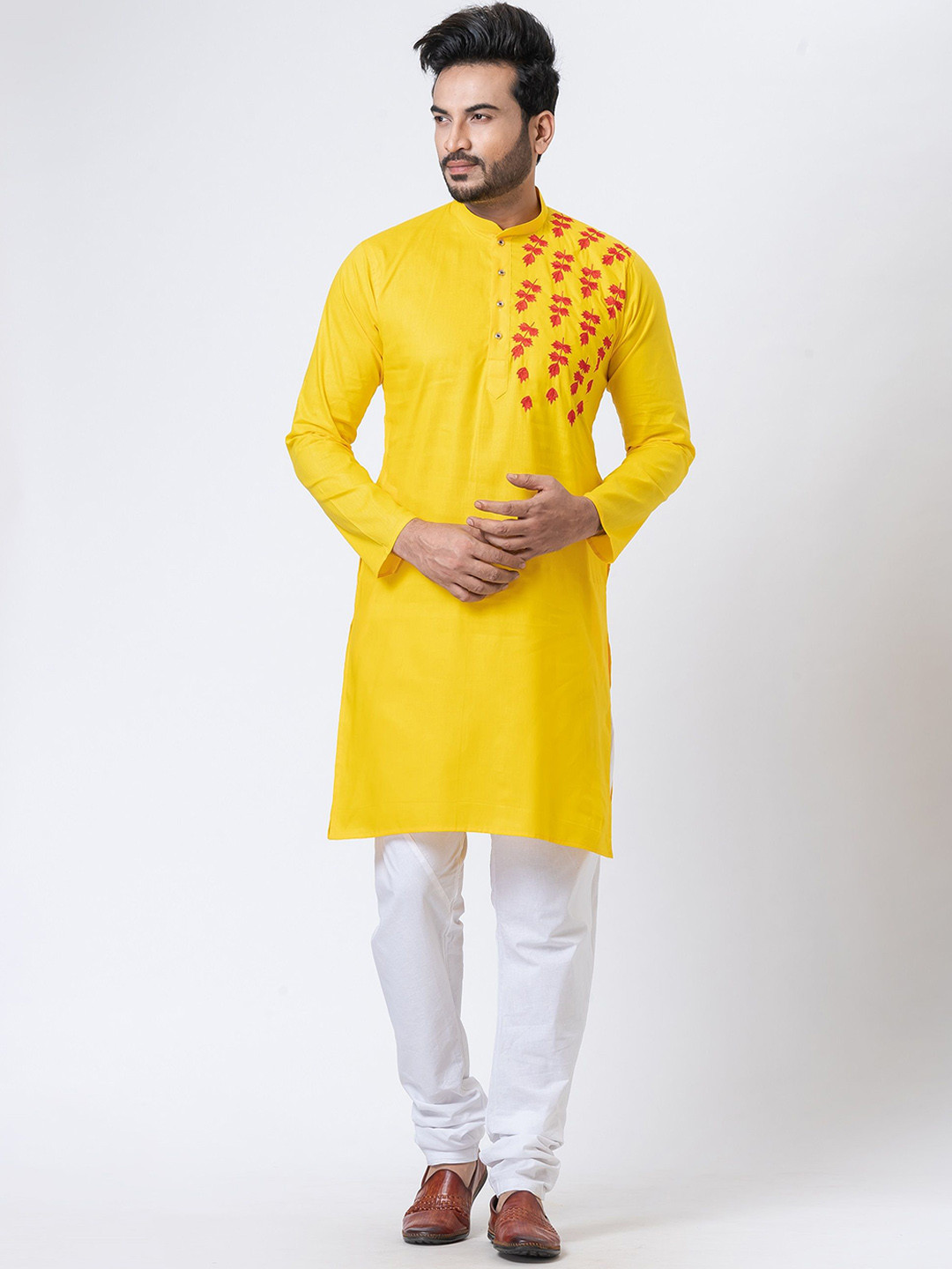 Rainbow Cloths Embroidered Thread Work Mandarin Collar Straight Kurta