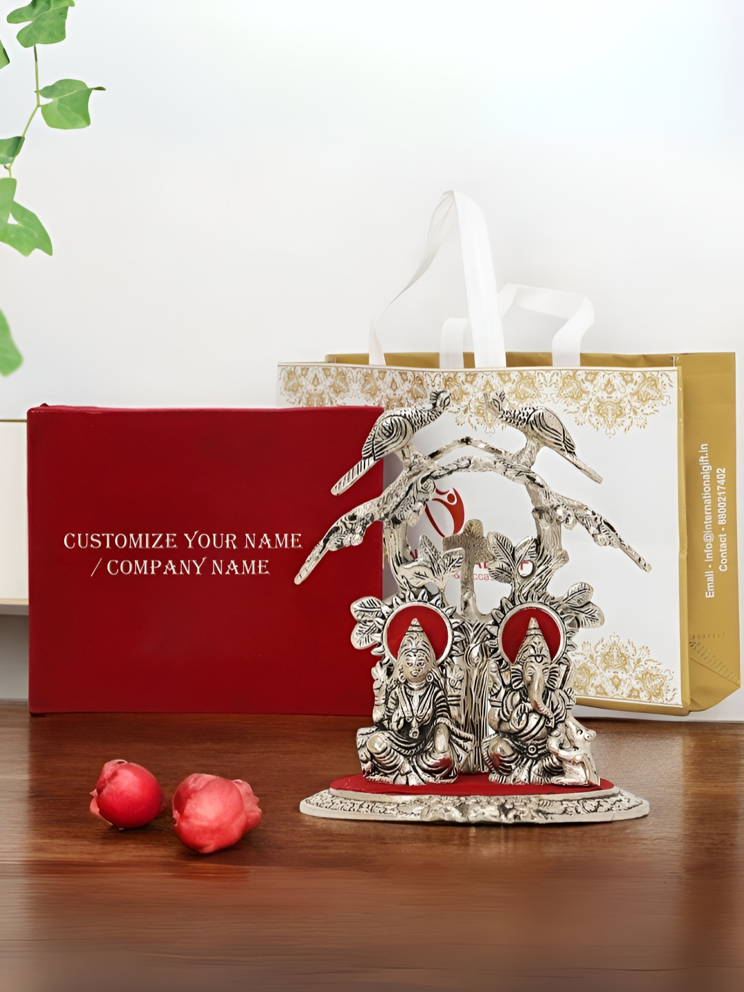 INTERNATIONAL GIFT Plated Laxmi Ganesh with Box, Bag & Personalized Tag Silver Aluminium Metallic Prayer Room Medium Showpiece - 8 Inches