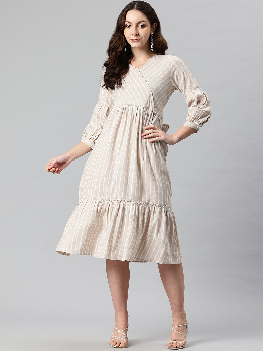 Cottinfab Striped Puff Sleeve Midi Dress with Tie Up Detail