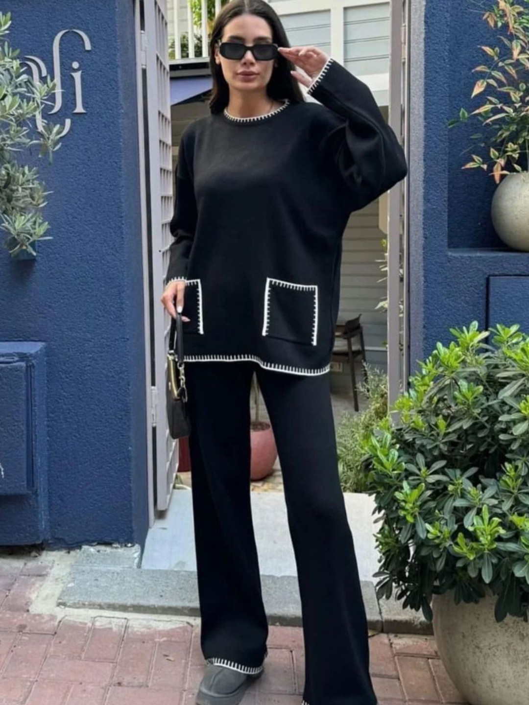 Miss Mosa By Akanksha  Black Sally Luxe Winter Pure Woollen Sweatshirt and Trouser Coord Set