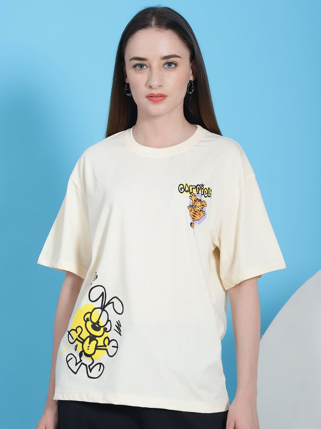 Dreambe Women Pack Of 2 Garfield Graphic Printed Round Neck Cotton Oversized T-shirts