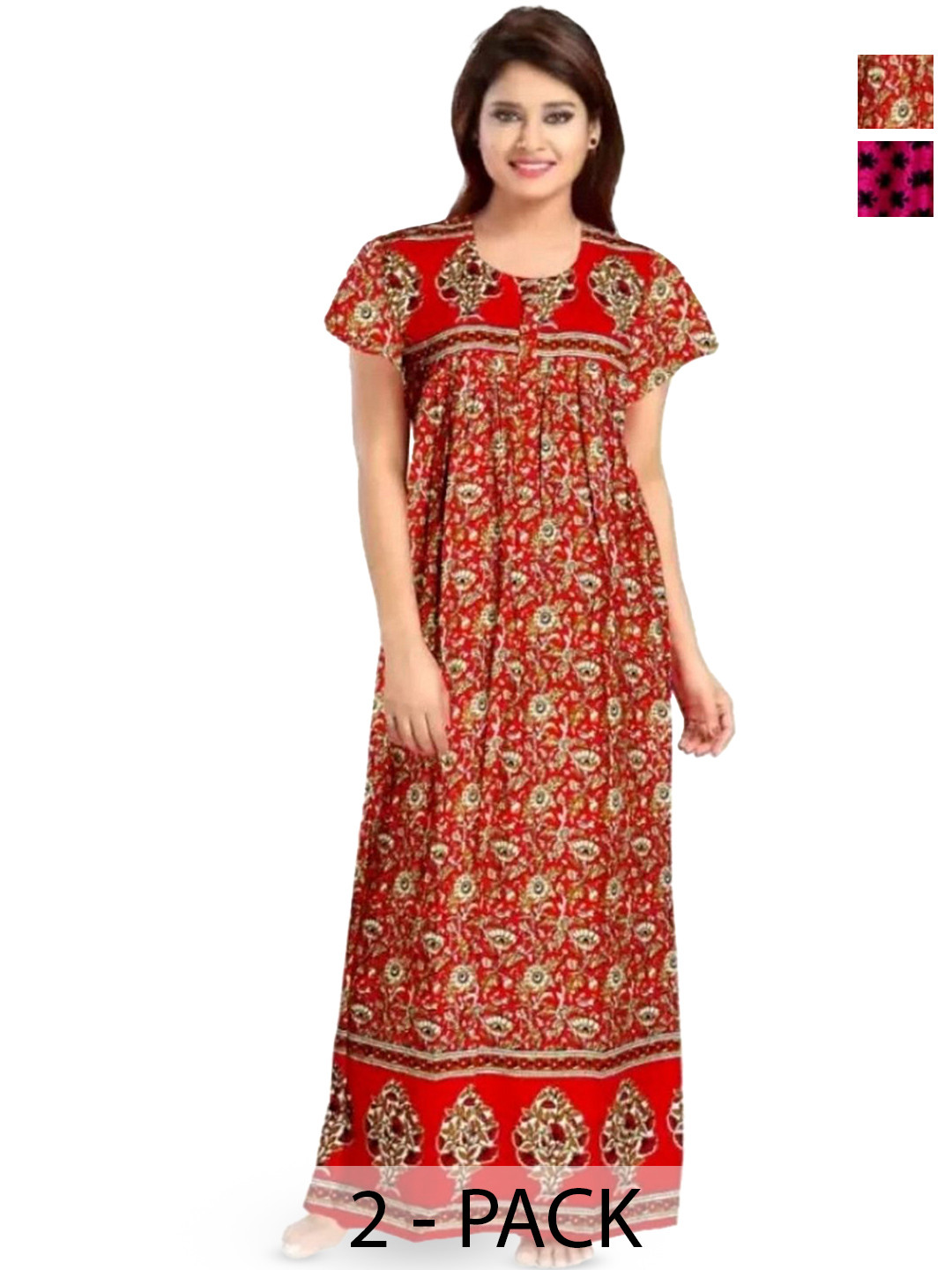 PR PINK ROYAL  Pack of 2 Floral Printed Pure Cotton Maxi Nightdress
