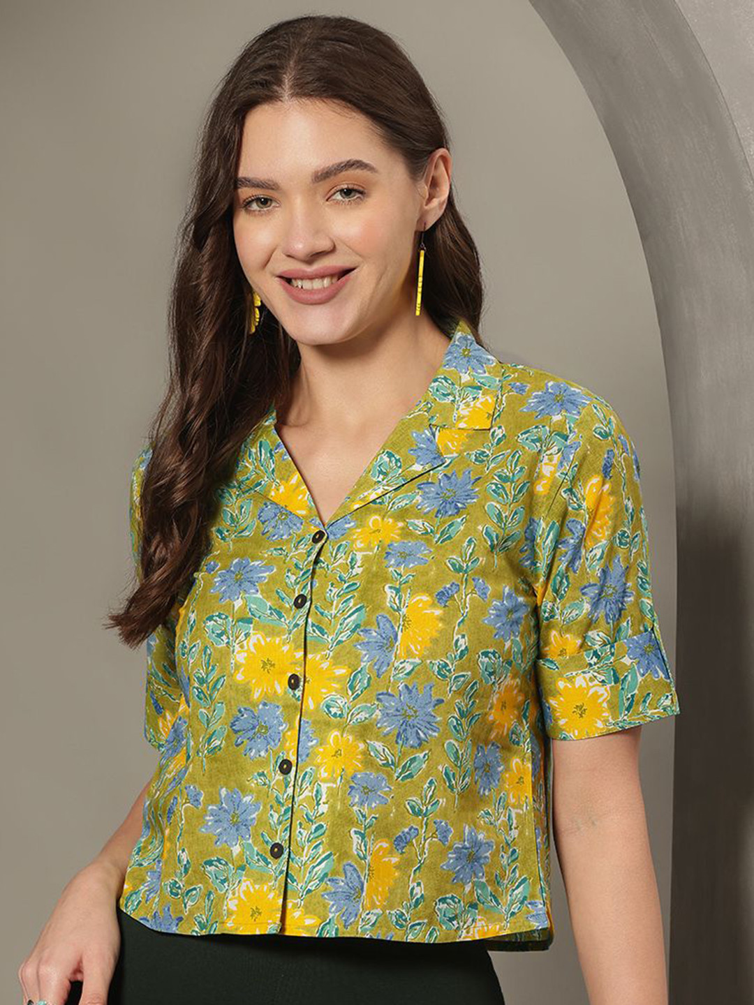 JANAKDULARI CREATION Women Floral Print Cotton Shirt Style Crop Top