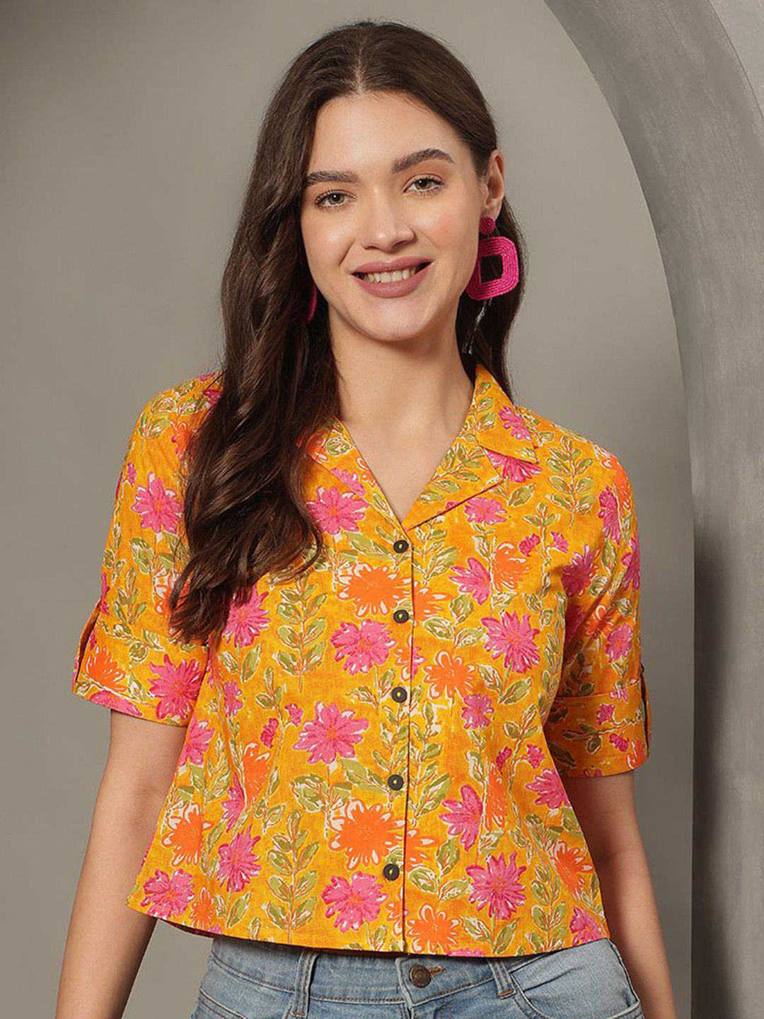 JANAKDULARI CREATION Floral Print Roll-Up Sleeves Cotton Shirt Style Crop Top