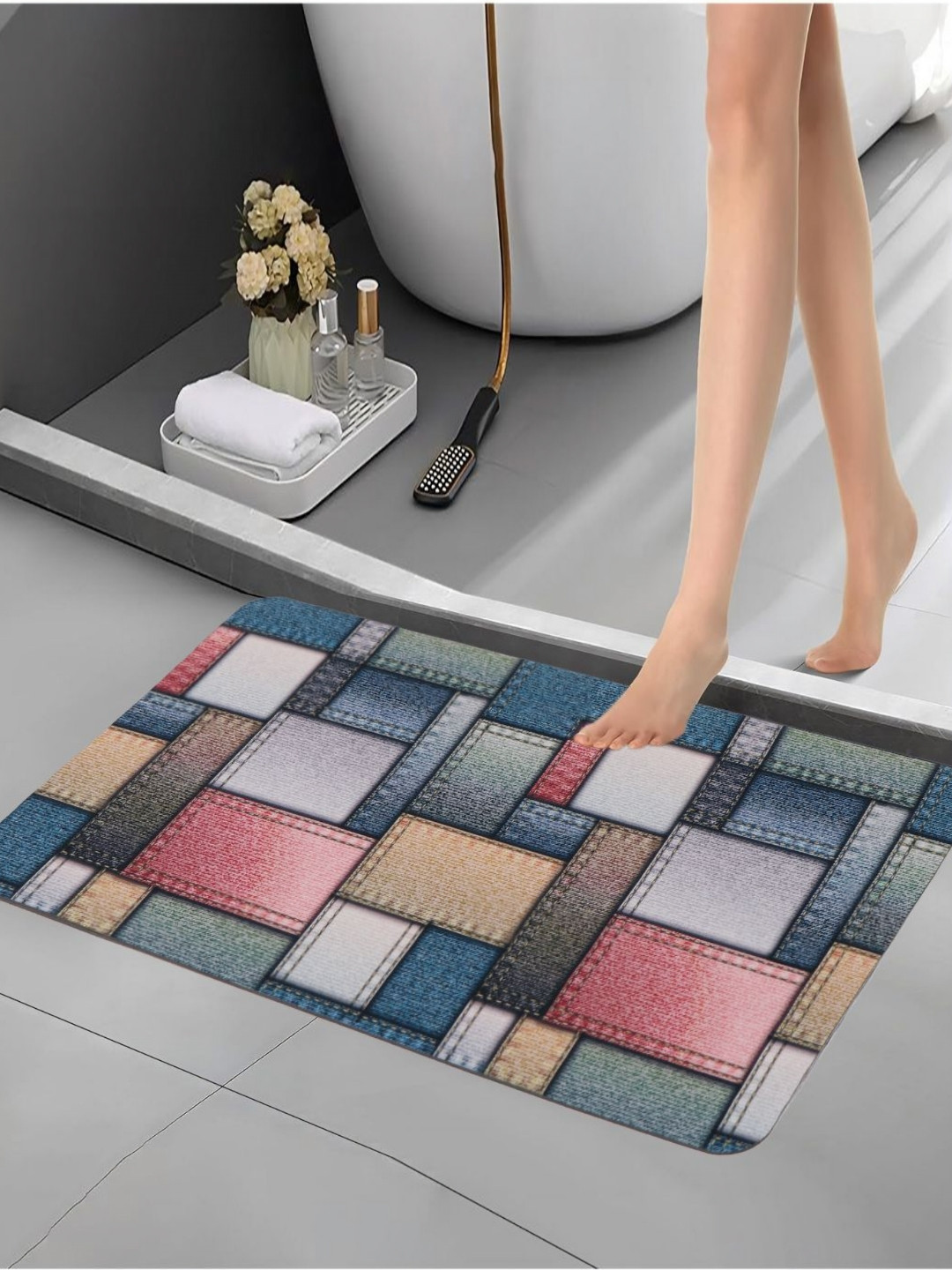 Aura Blue & Pink Printed Anti Skid Bath Rug