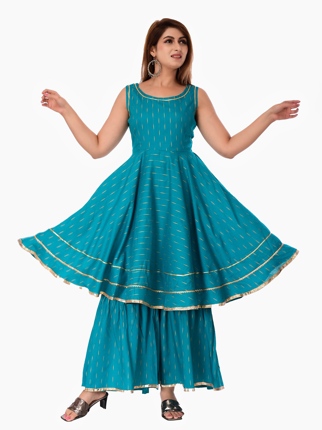 Clothy N Wave Striped Pleated Gotta Patti Round Neck Anarkali Kurta With Sharara