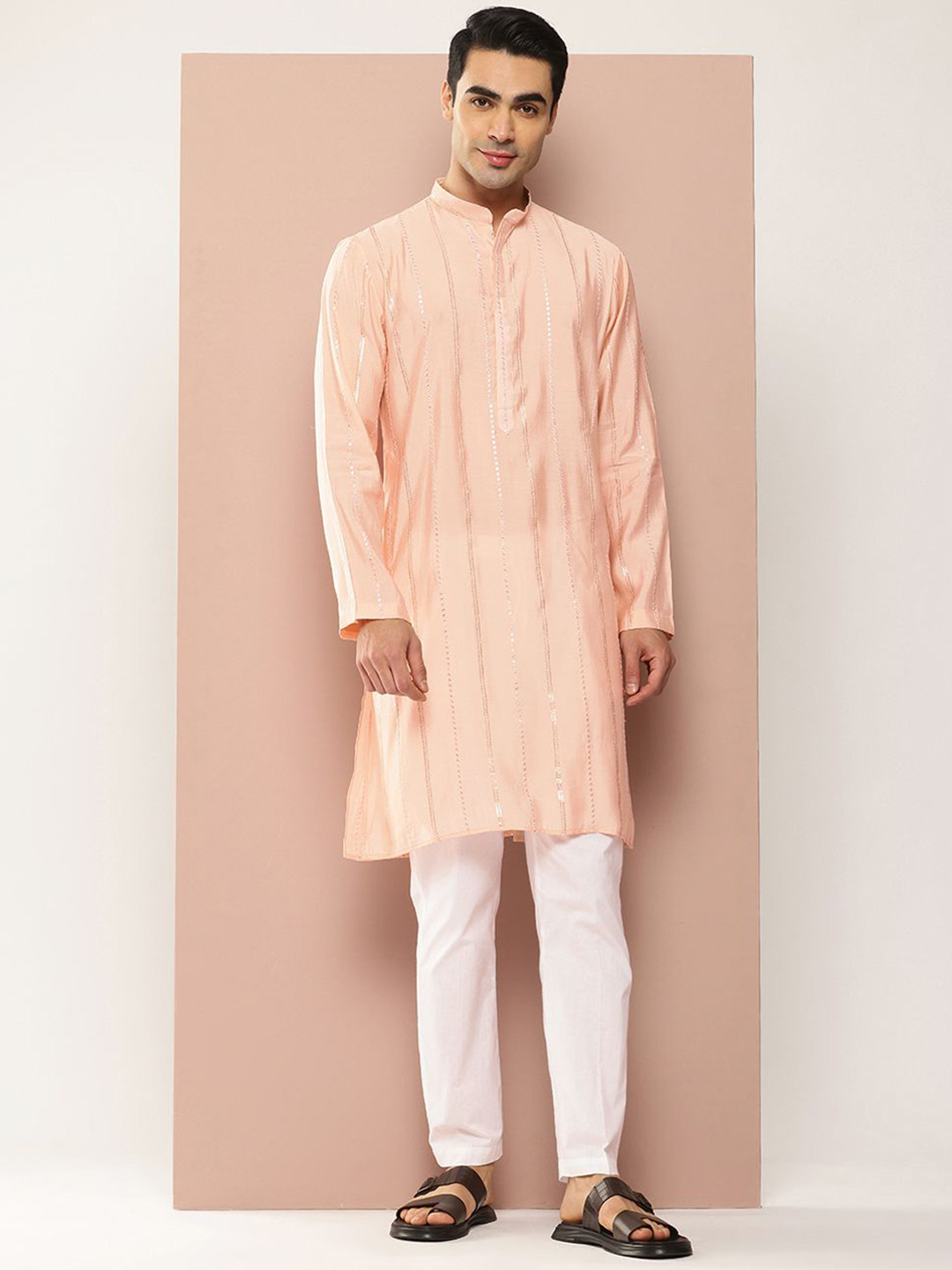 See Designs Floral Embroidered Mandarin Collar Sequinned Chanderi Silk Straight Kurta