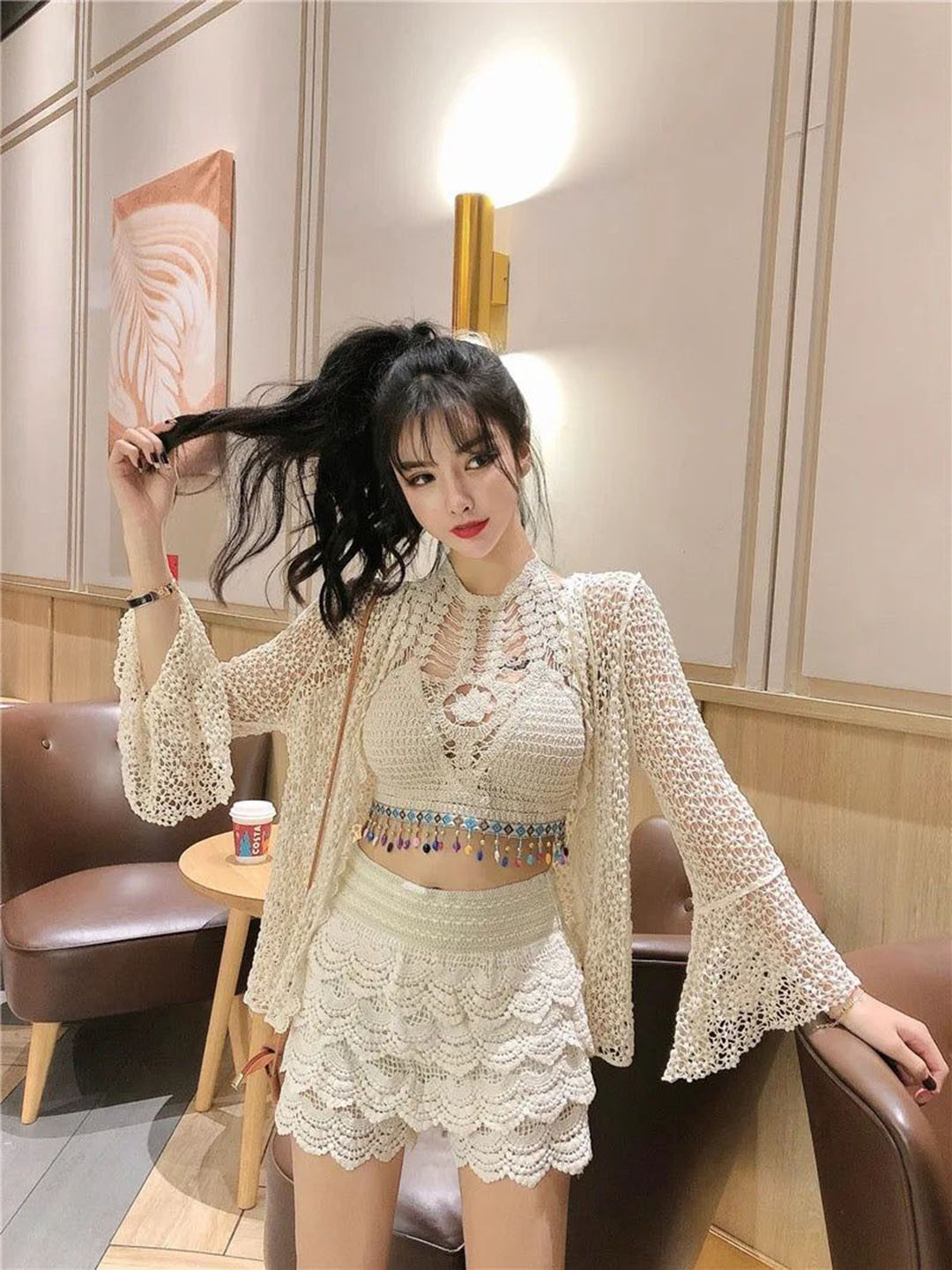 Miss Mosa By Akanksha  Self Design Maya 3 Piece Resortwear Top With Shorts