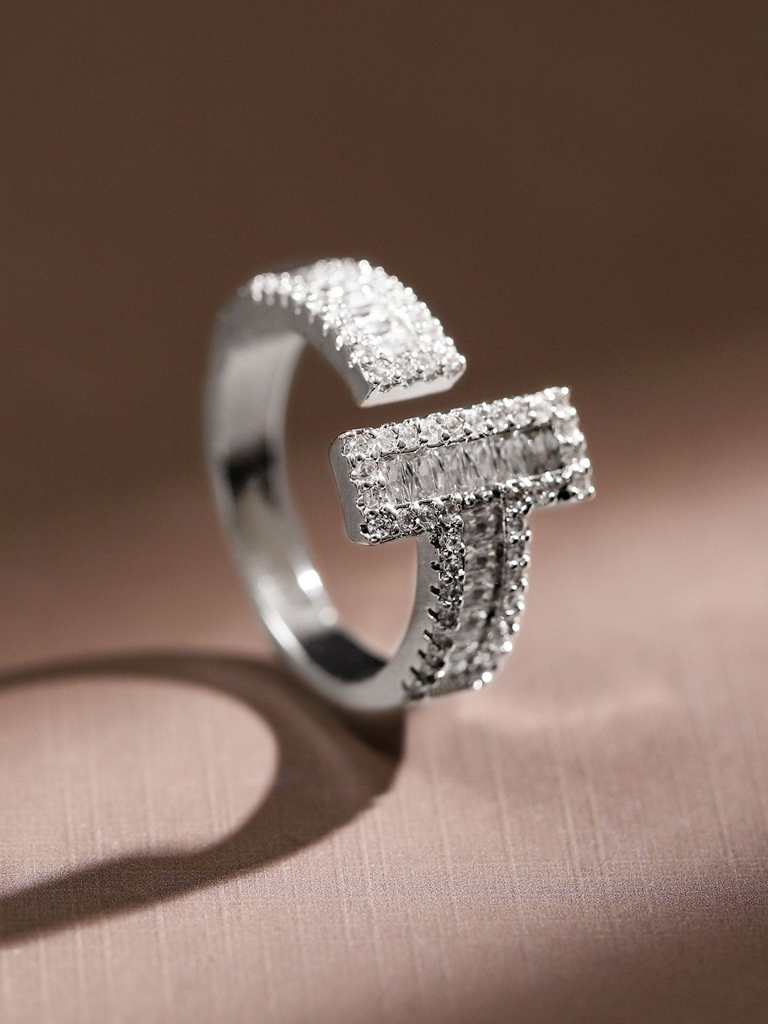 Rubans Rhodium Plated White Cubic Zirconia Studded Demi Fine Openable Adjustable Ring