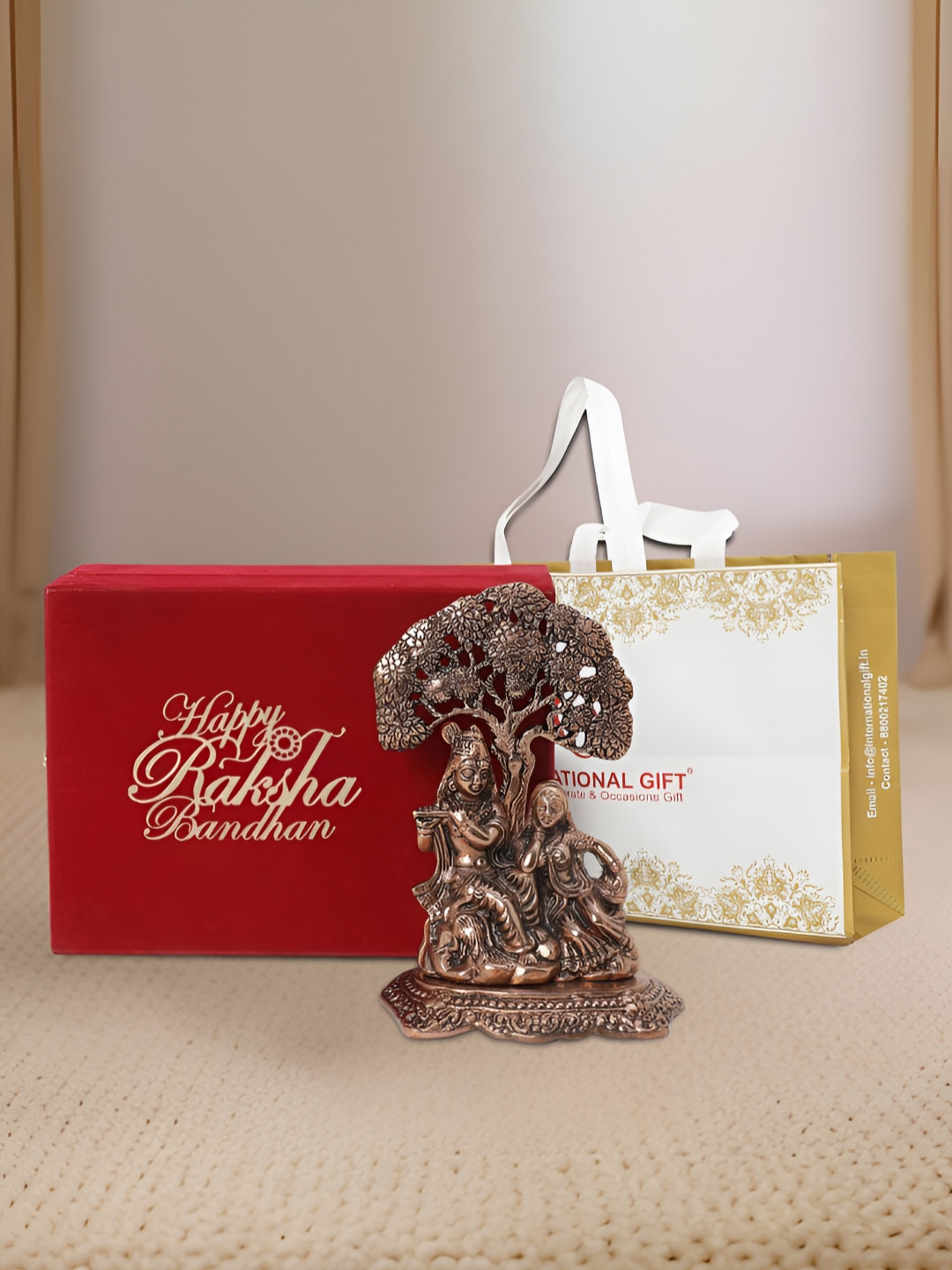 INTERNATIONAL GIFT Radha Krishna Copper Aluminium Prayer Room Medium Showpiece - 6.5 Inches