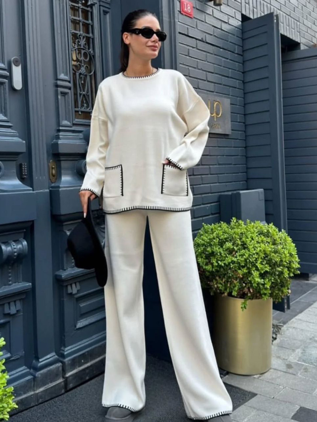 Miss Mosa By Akanksha  Beige Sally Luxe Winter Pure Wool Co-Ord Set- Set Of Top And Pants