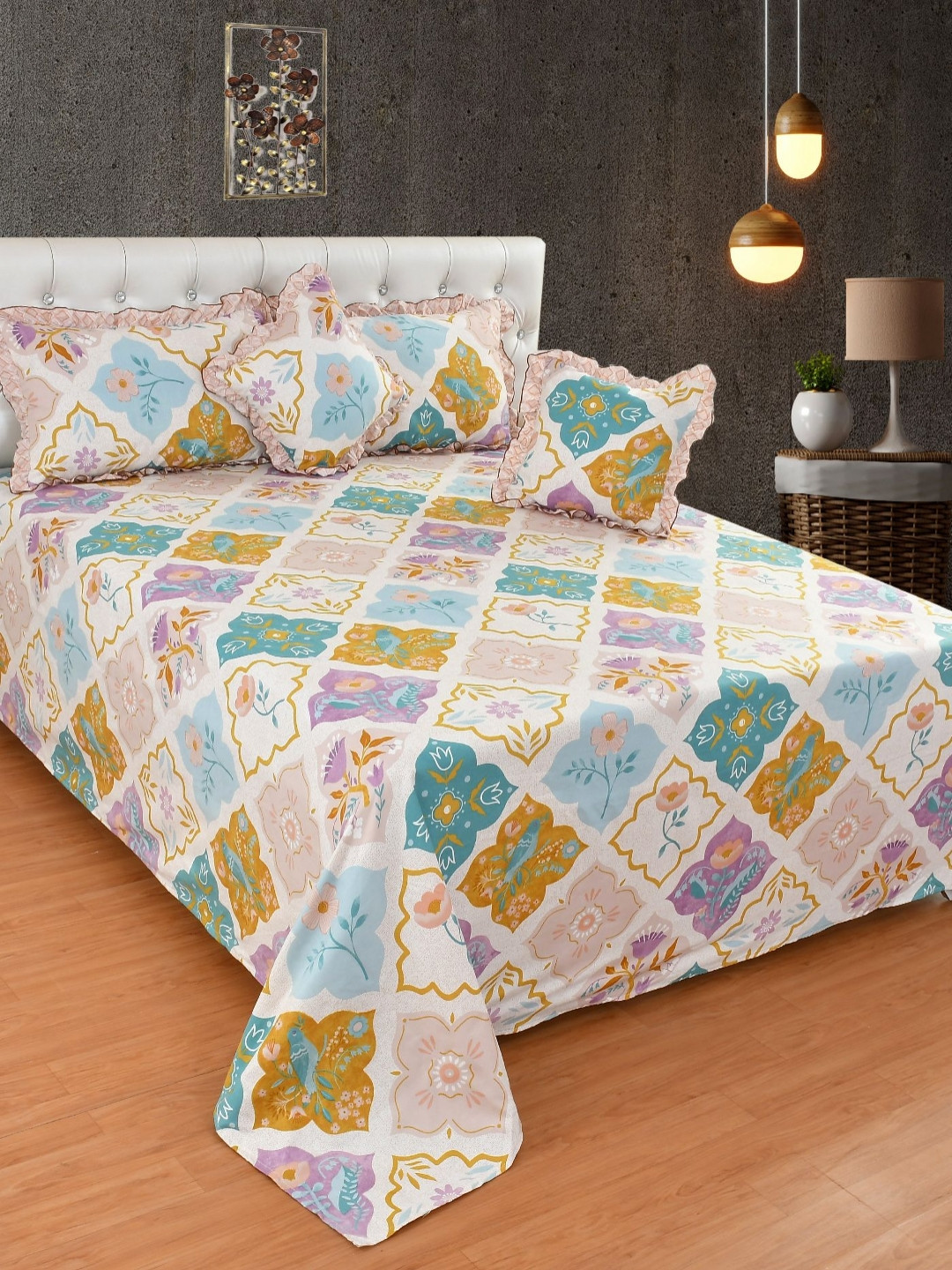 MORADO Beige & Purple Floral Printed Summer Double Queen Bedding Set