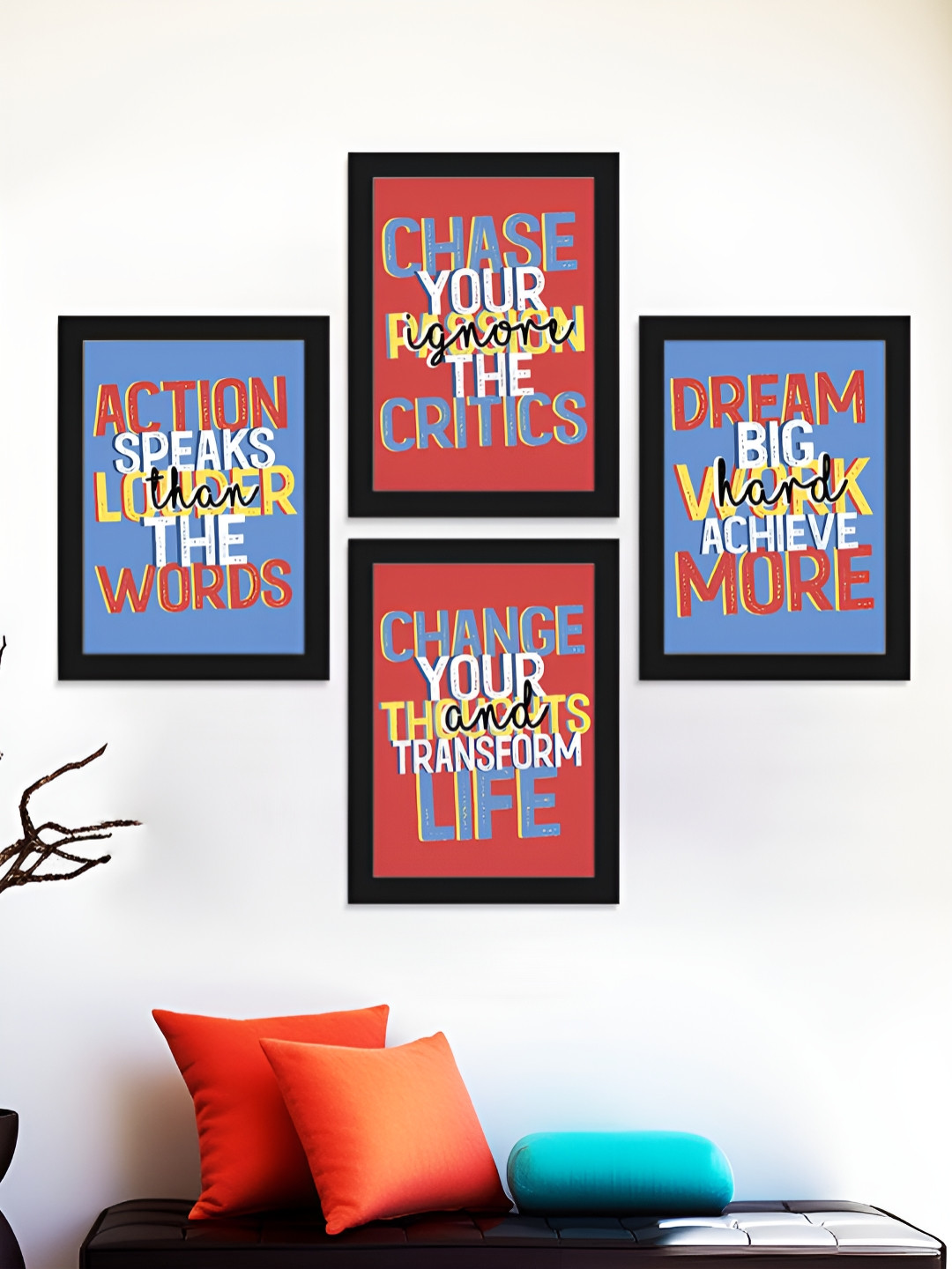 Art Street Orange & Blue 4 Pieces Motivational Art Prints Wood Wall Art
