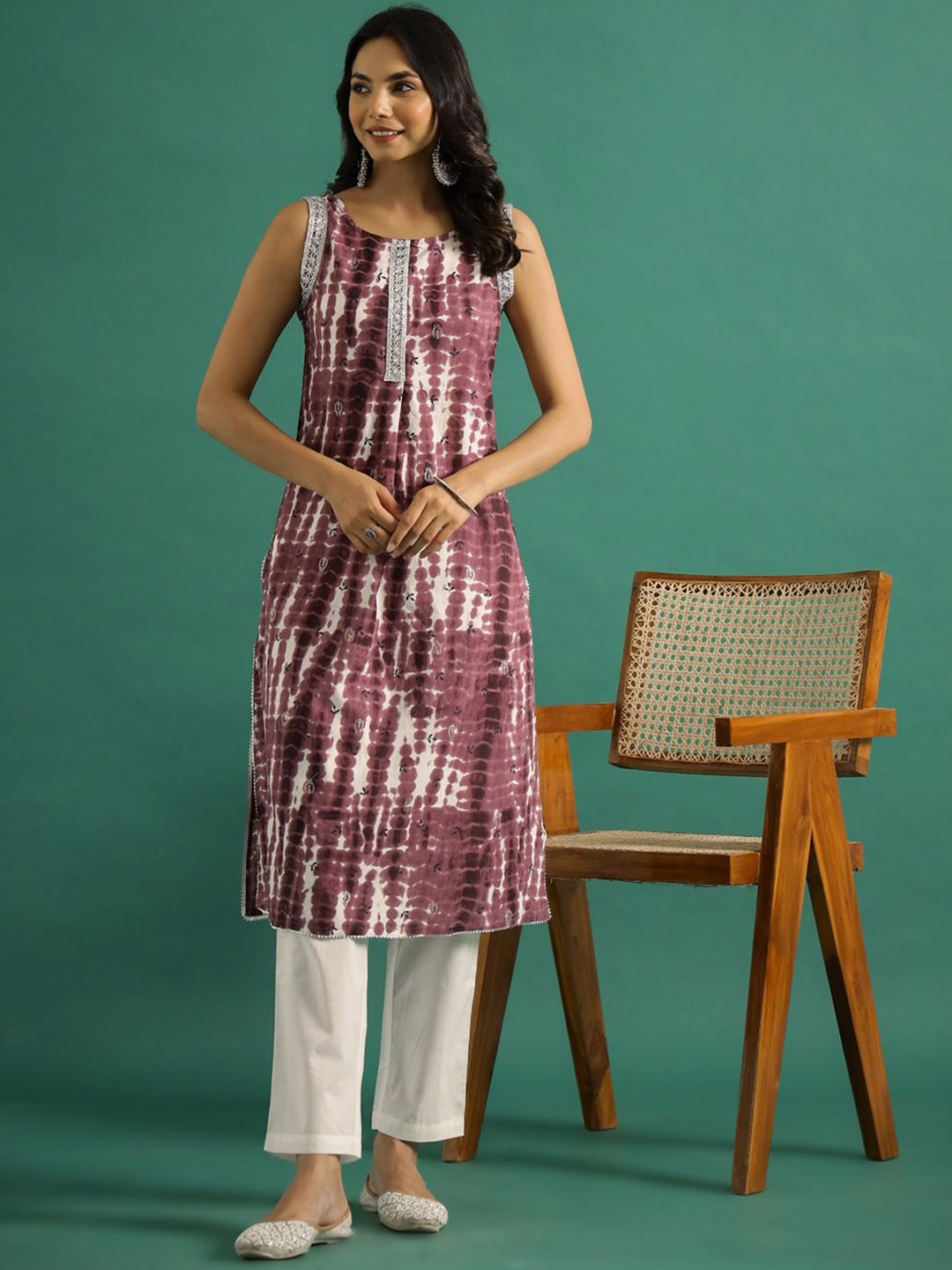 Sangria Brown Abstract Printed Sleeveless Pure Cotton Straight Kurta With Trousers