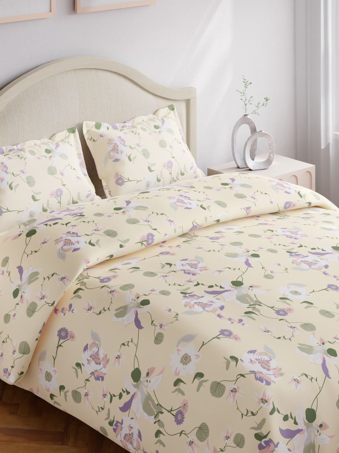 haus & kinder Bold Purple & Beige Floral Pure Cotton 144 TC King Bedsheet Set-2.75mx2.75m