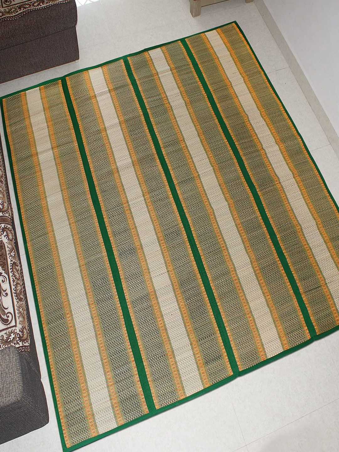 HOKIPO Green & Yellow Striped Madurkathi Chatai Mat