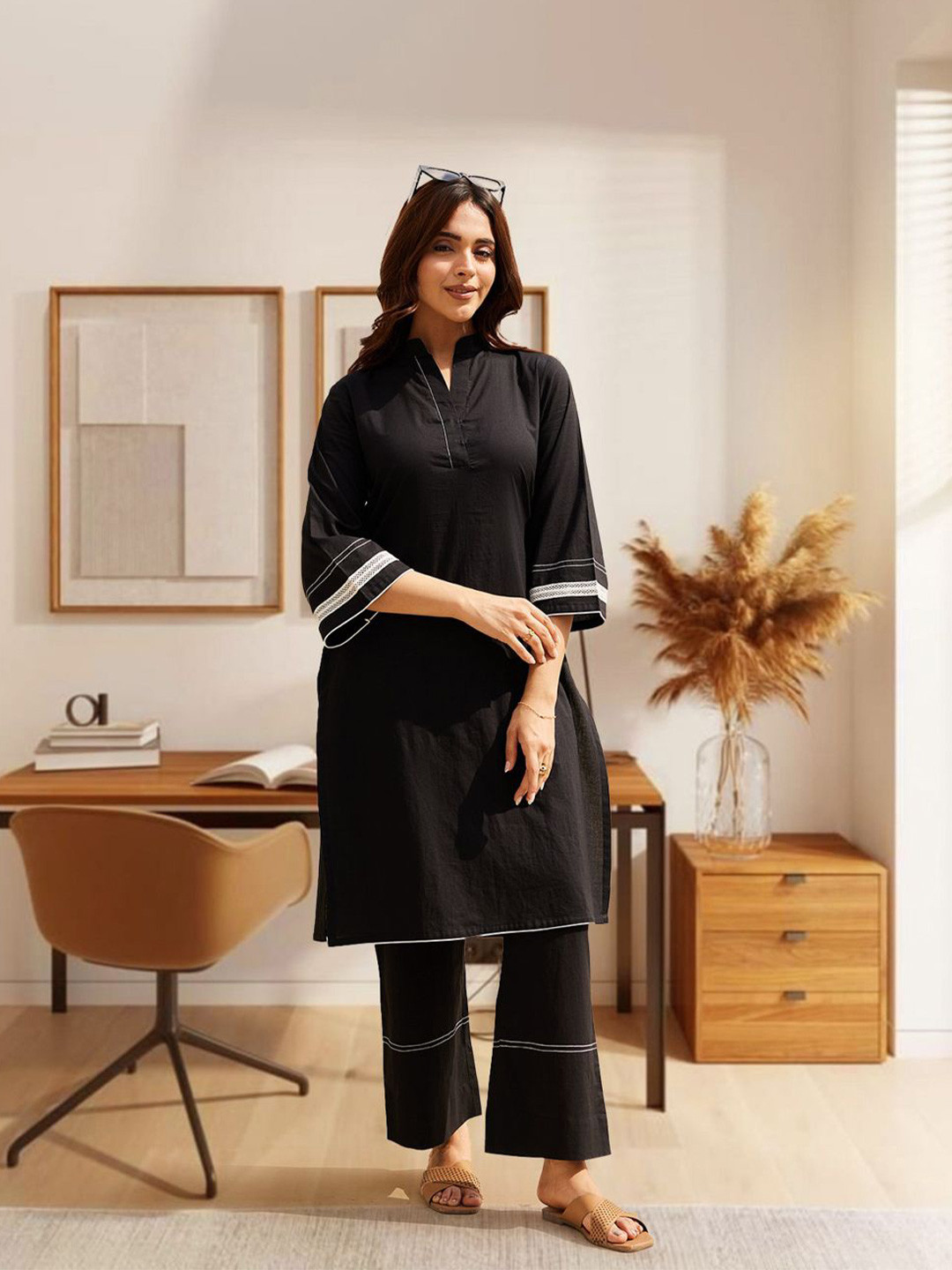 Ambraee Timeless Mandarin Collar Pure Cotton Straight Kurta with Trousers