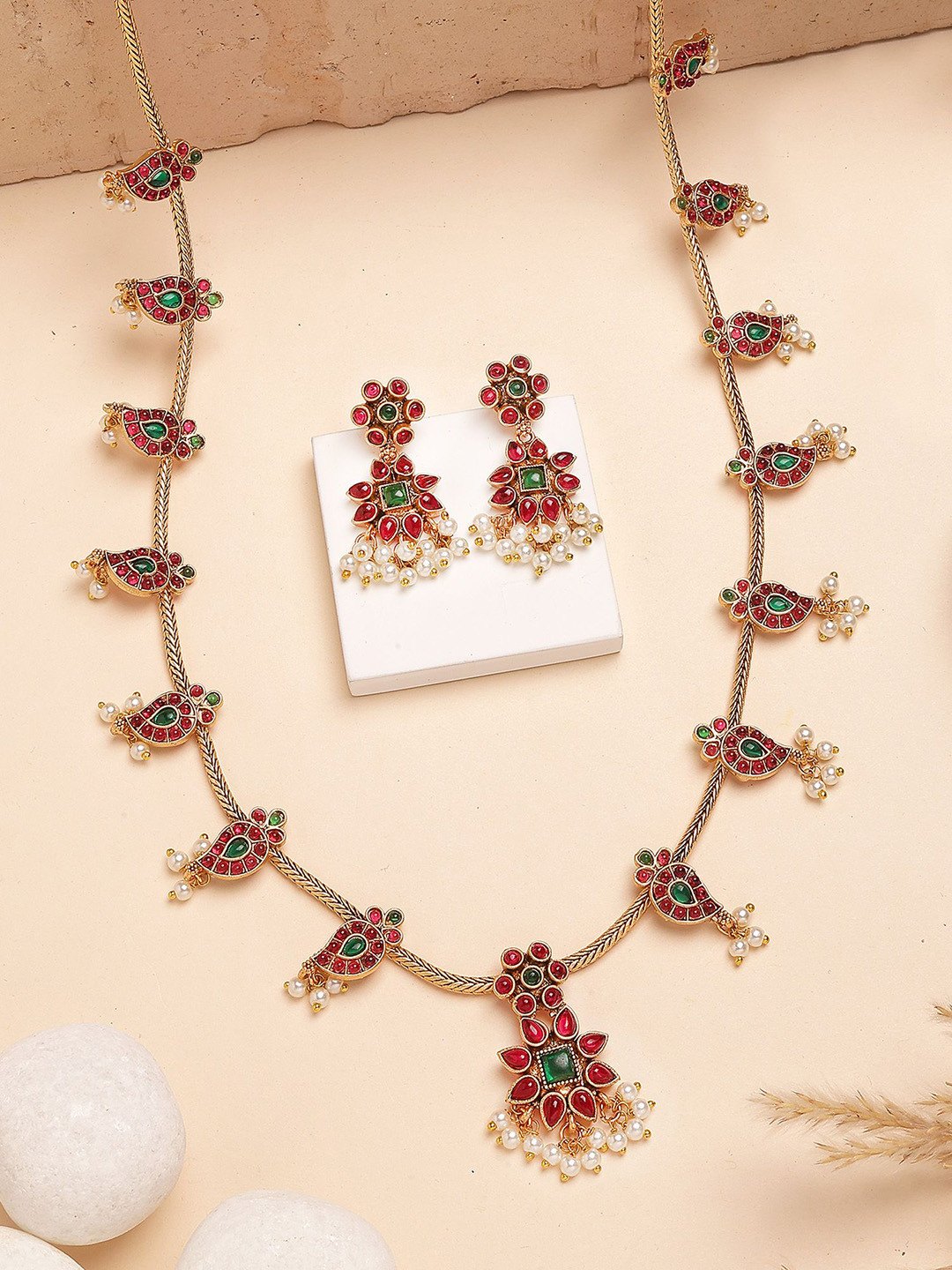 KARATCART Gold-Plated Stone Studded Floral Design Rani Haar Temple Necklace and Earrings