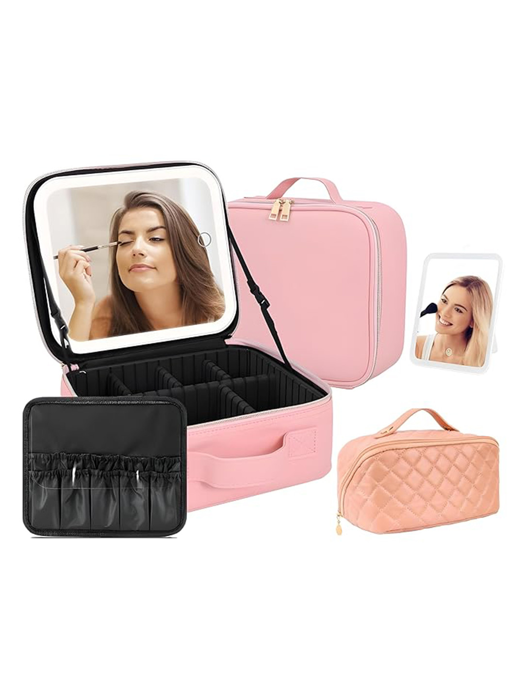 Rhe Cosmetics Rose Gold Travel Makeup Bag With Led Mirror