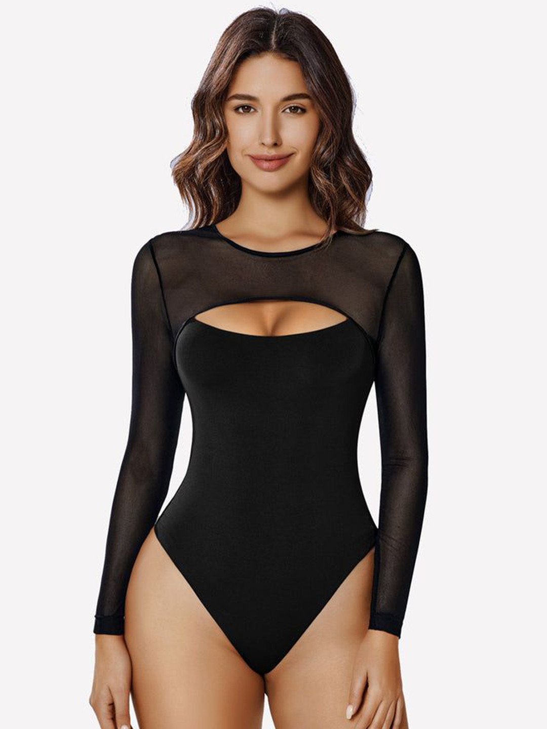 Xivir Round Neck Long Mesh Sleeves Bodysuit