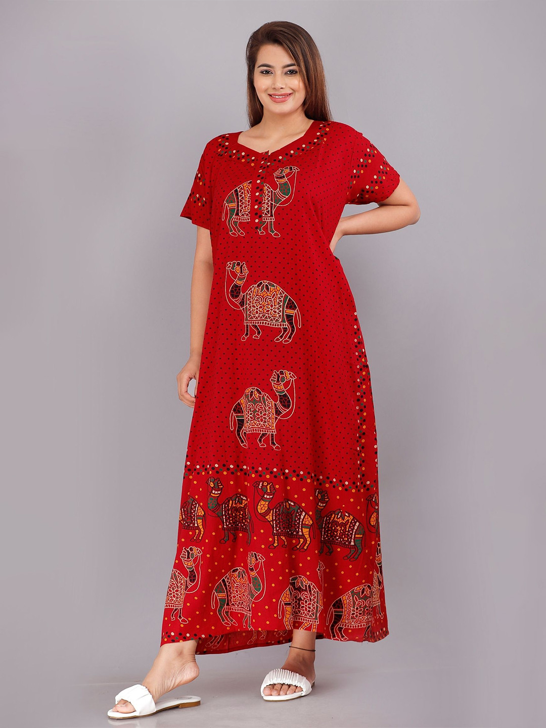 PR PINK ROYAL Women Animal Printed Pure Cotton Maxi Nightdress