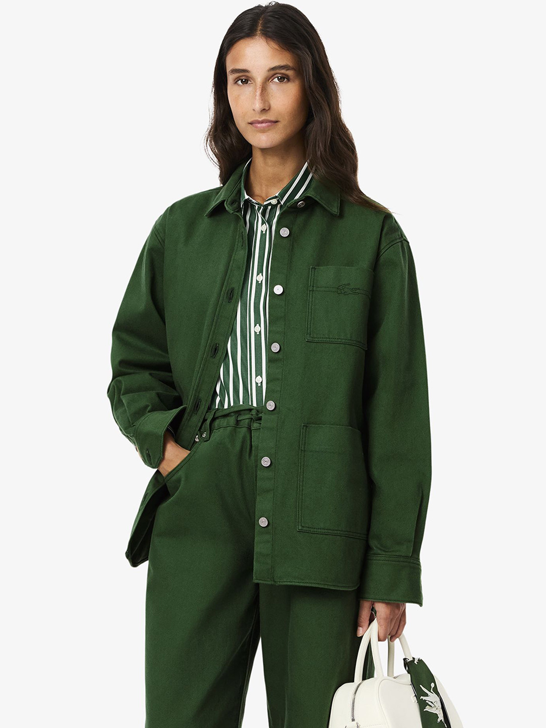 Lacoste Women Spread Collar Solid Cotton Casual Denim Jacket