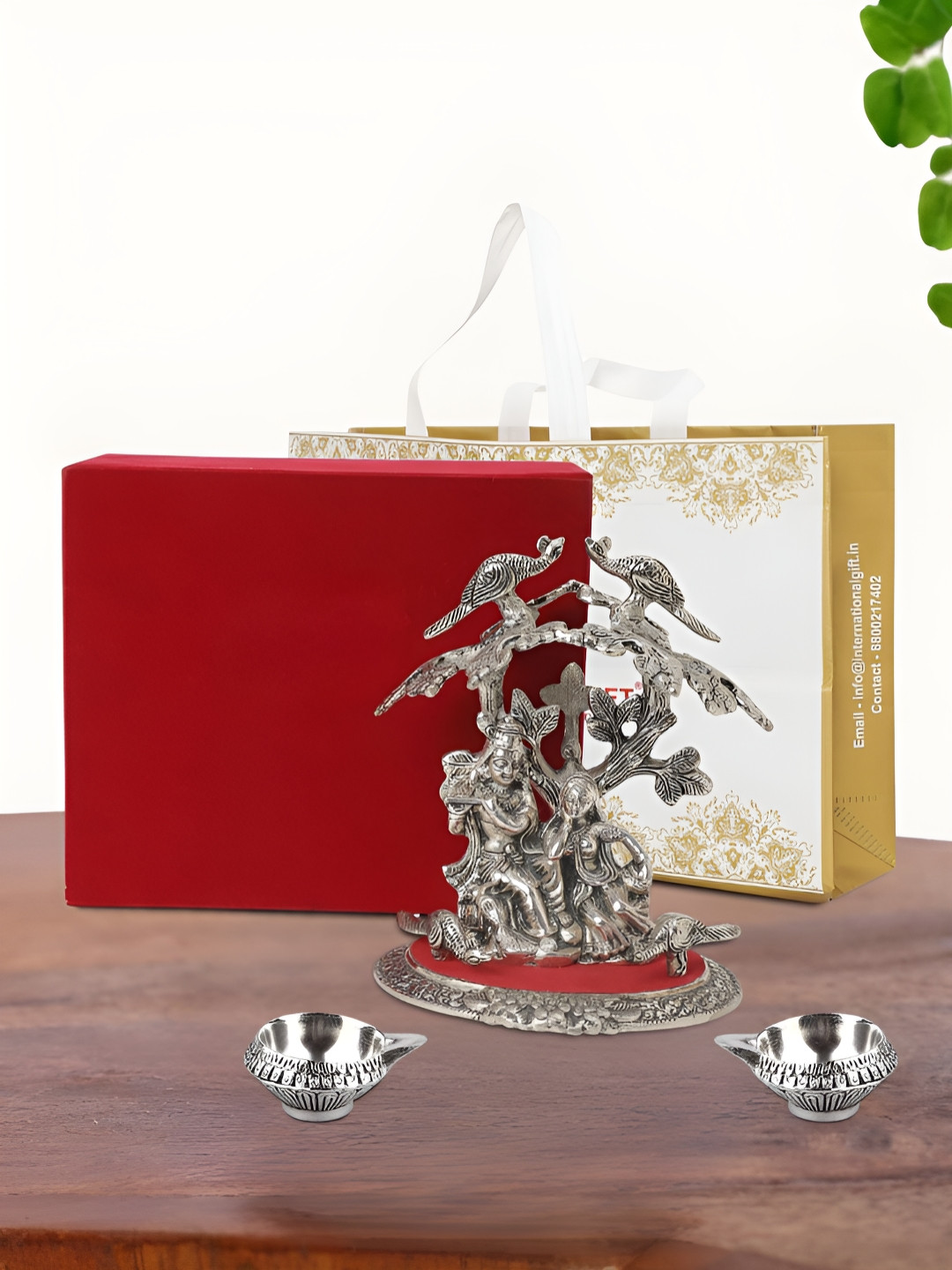 INTERNATIONAL GIFT Radha Krishna Idol with Diya, Box and Carry Bag Silver Aluminium Metallic Prayer Room Set of 3 Medium Showpieces - 8 Inches