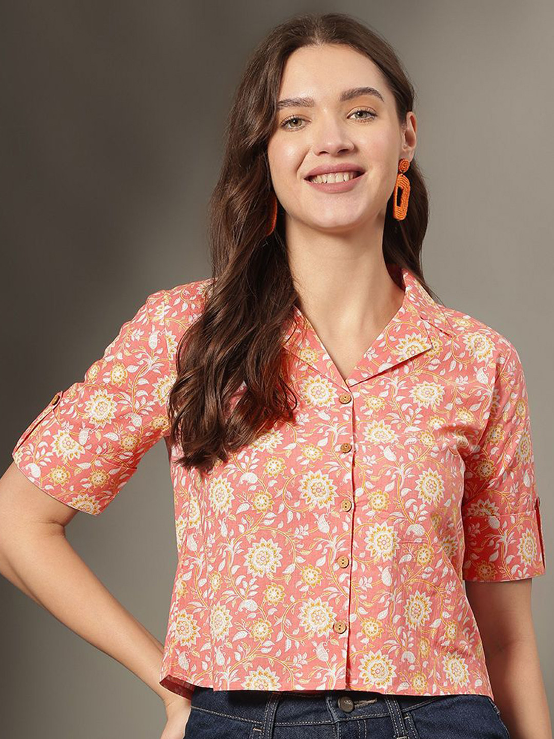 JANAKDULARI CREATION Women Floral Printed Roll-Up Sleeves Cotton Shirt Style Crop Top