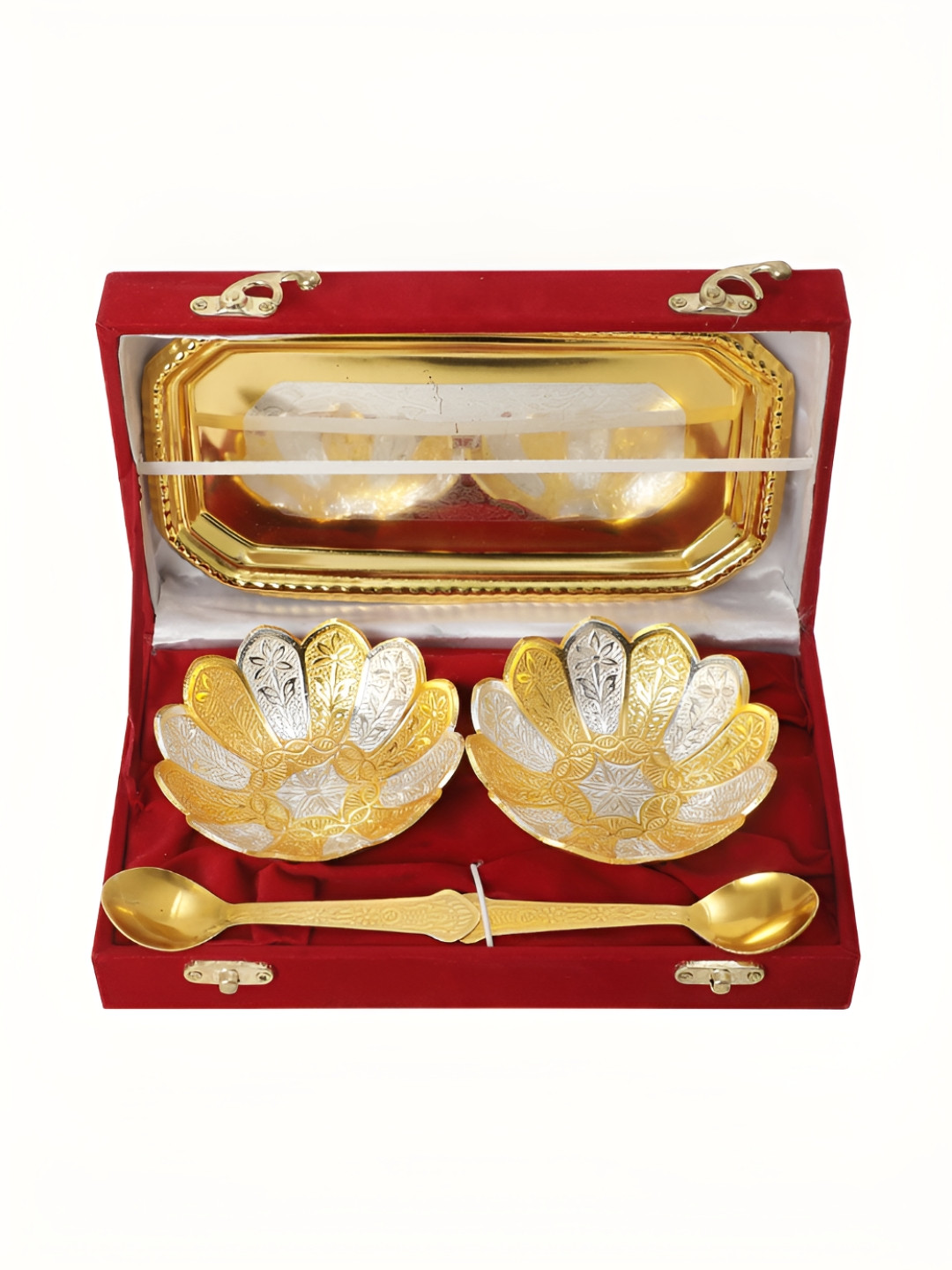 INTERNATIONAL GIFT Silver And Gold-Toned 6 PCS Bowl Set With Tray & Spoons With Velvet Box