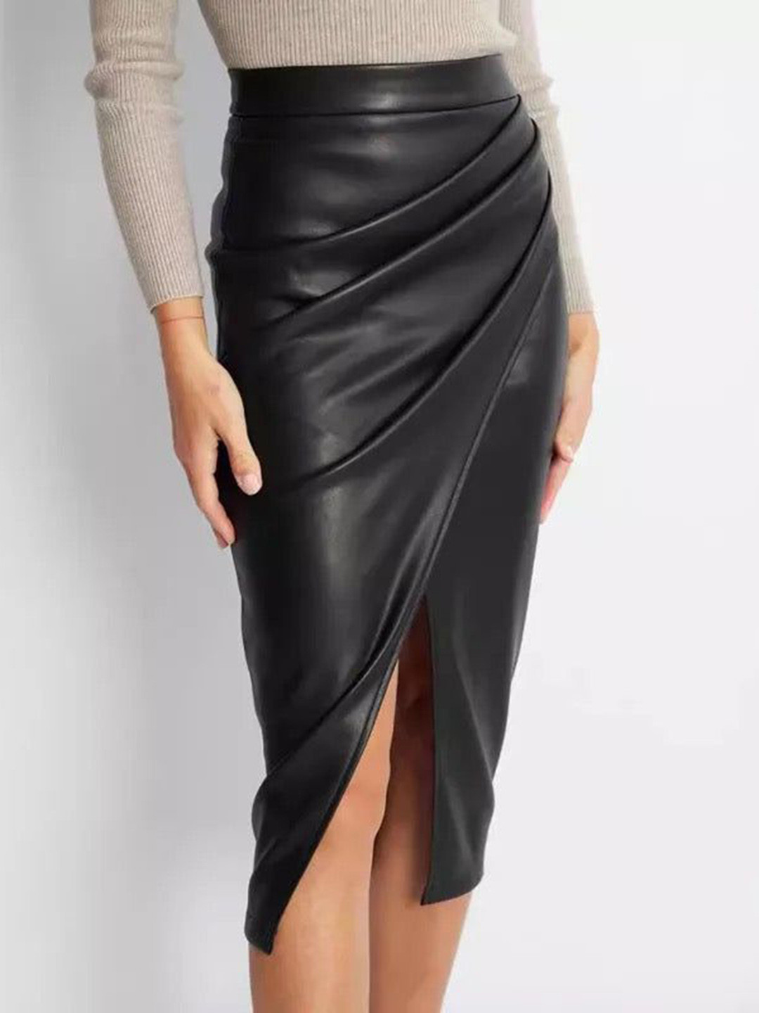Miss Mosa By Akanksha  Black Meredith Statement Leather Midi Skirt