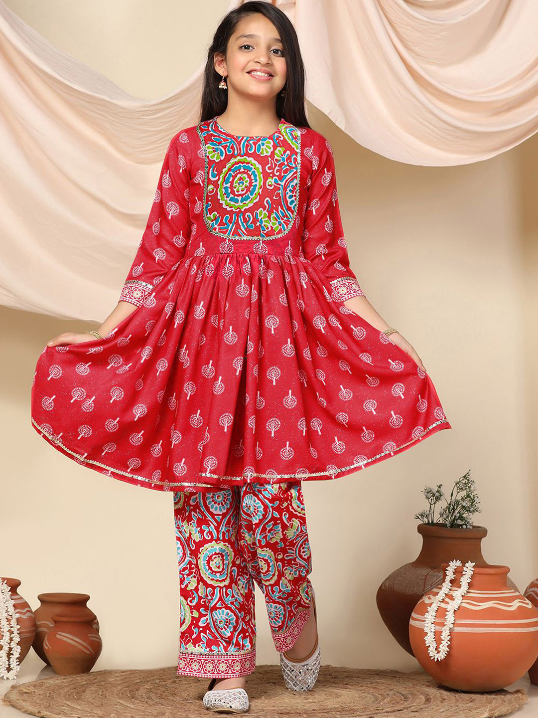 Sangria Girls Red Floral Printed Empire A-Line Kurta With Trousers